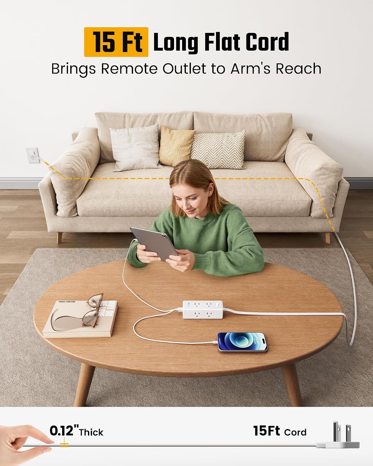 Detalle de 15 Ft Extension Cord with 6 Outlets & 4 USB Ports (2 USB-C) with Surge Protection