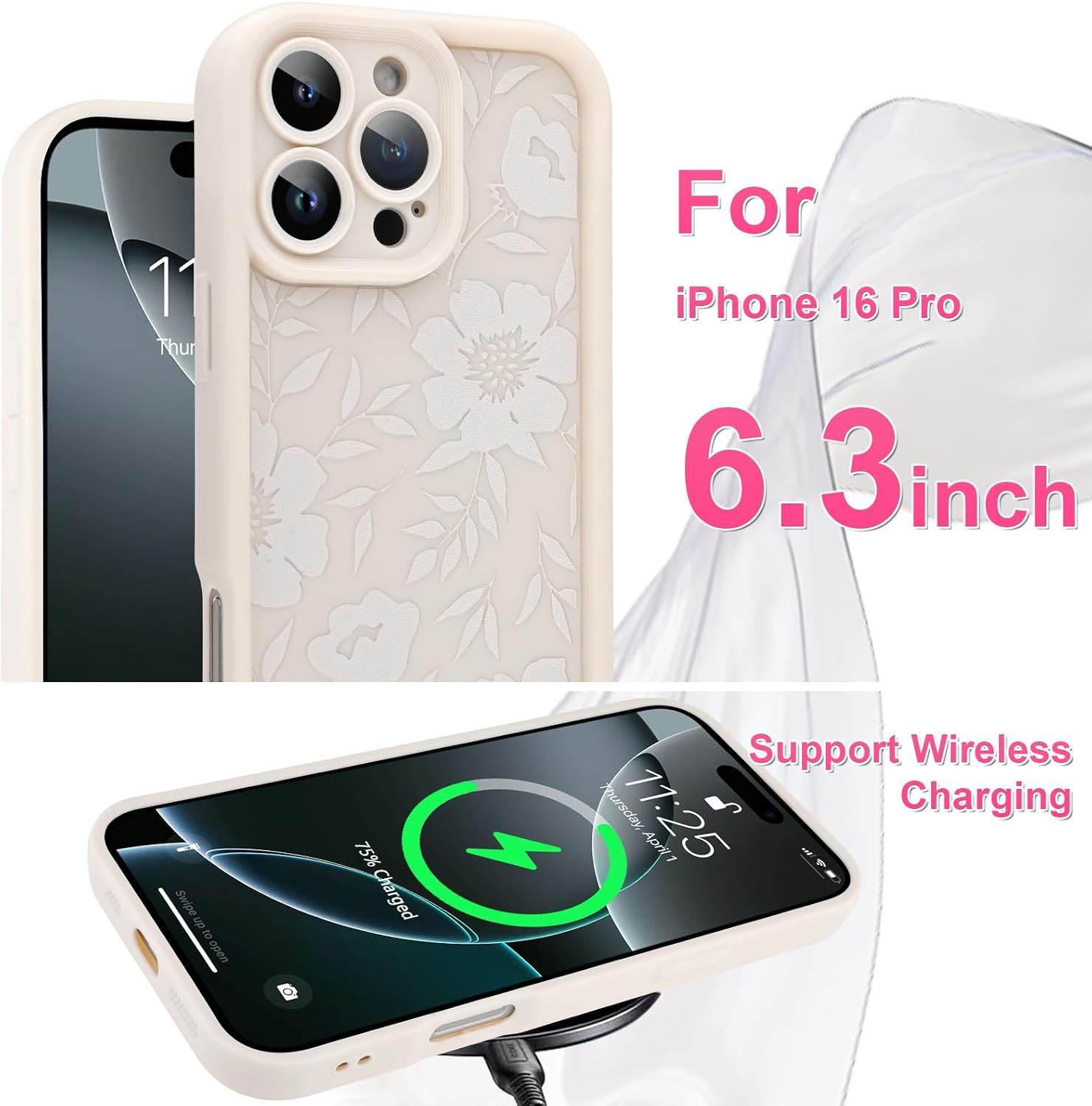 Thumbnail 5 de OOK 64TYK-beigeflower-16pro Floral Silicone Case for iPhone 16 Pro, Beige