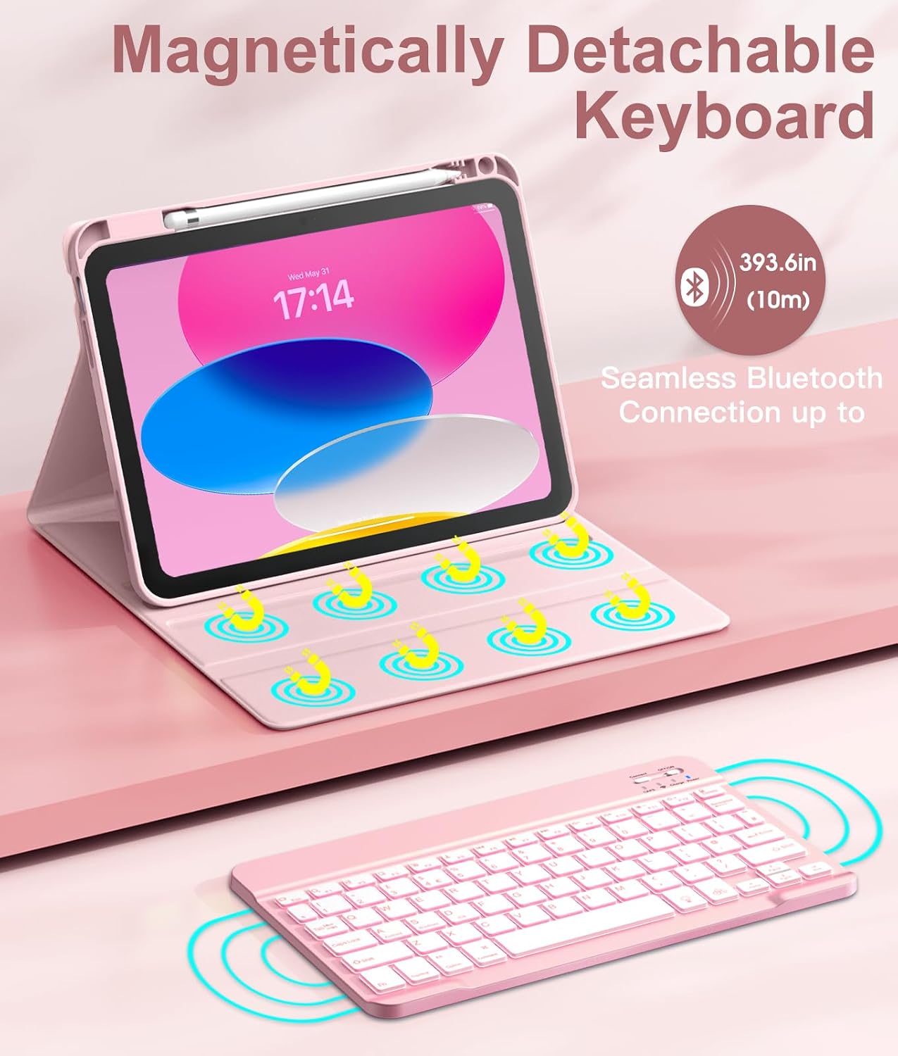 Thumbnail 3 de Vobafe Keyboard Case for iPad A16 11th Generation (2025) / iPad 10th Gen (2022) – Backlit Detachable Folio Keyboard, UK Layout, Light Pink