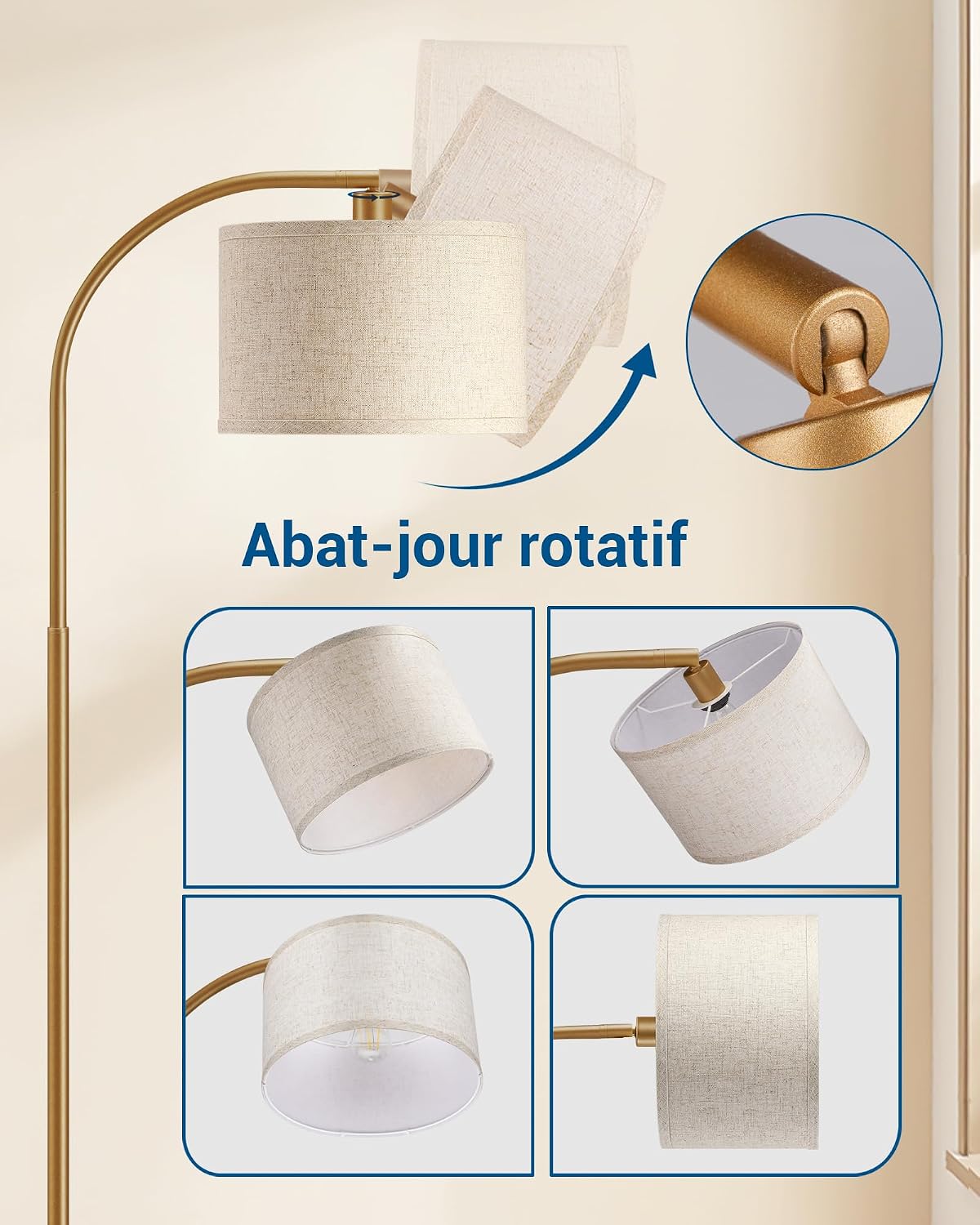 Detalle de EDISHINE F20031-4 boogvloerlamp met beige linnen kap en verstelbare kop