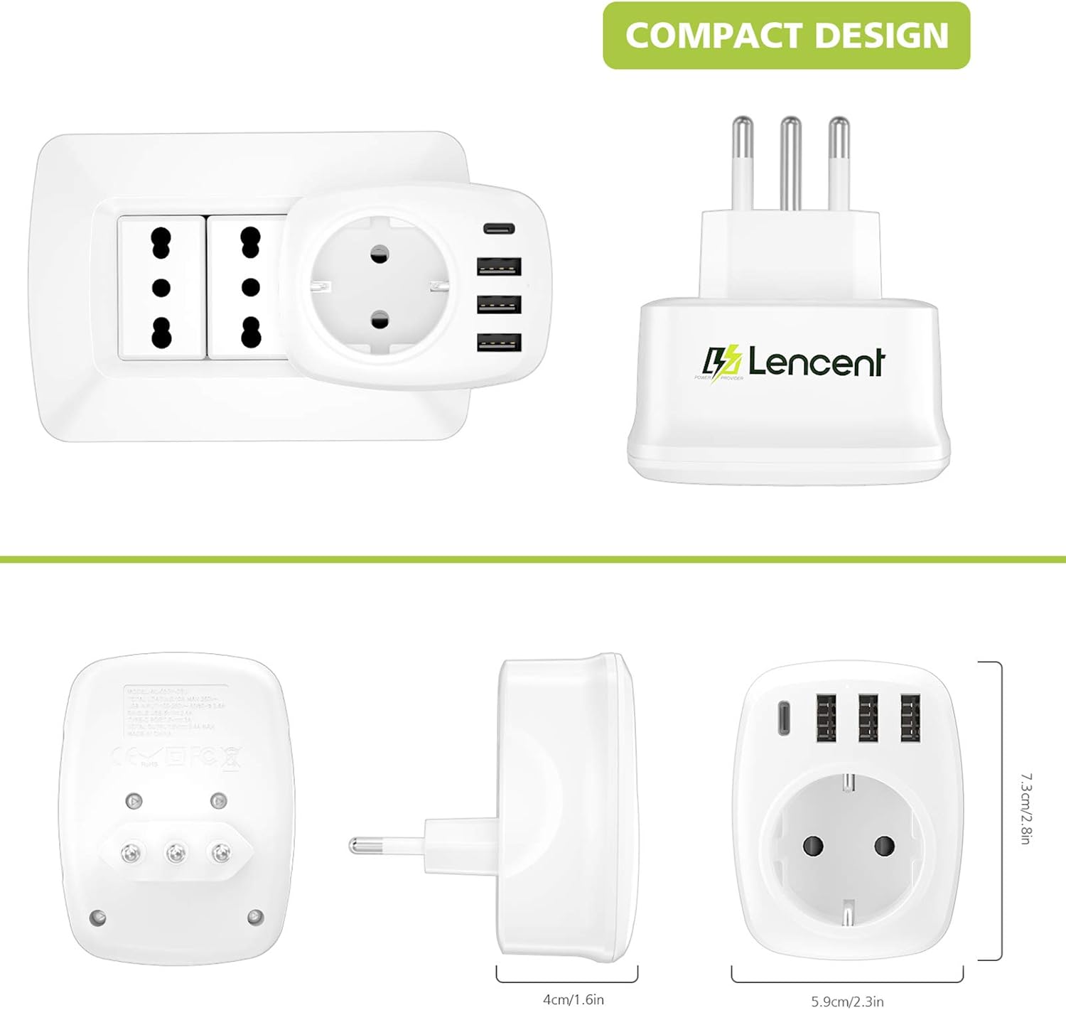 Thumbnail 4 de LENCENT 5-in-1 Reiseadapter (DE auf IT, Typ L) mit 3× USB und Typ-C – Netzadapter für Italien & Übersee