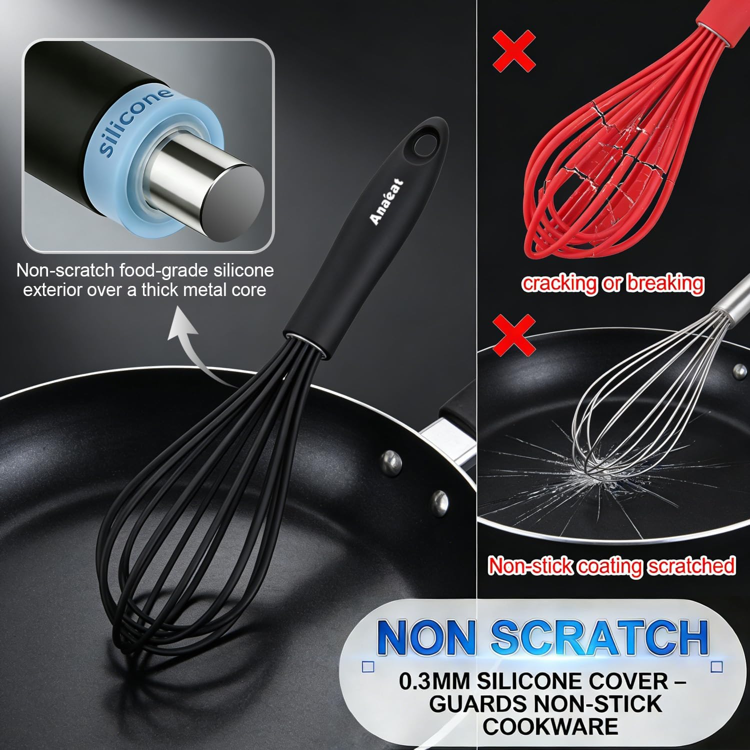 Thumbnail 2 de Anaeat Silicone Balloon Whisk Set (Black) – heat-resistant non-stick compatible milk, egg and batter whisk