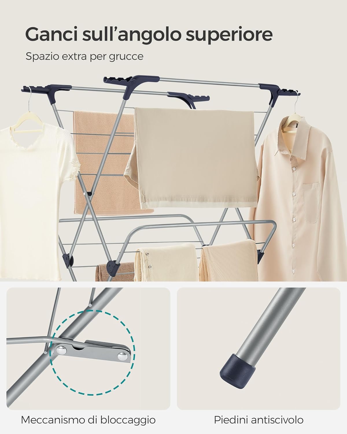 Thumbnail 4 de SONGMICS LLR720G01 stendibiancheria verticale a torre pieghevole, 46 x 70,5 x 155 cm, struttura in acciaio