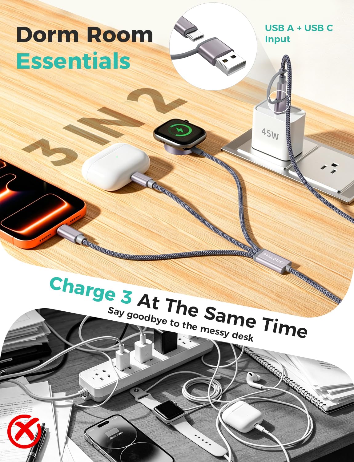 Detalle de Amasuki 2Pack Travel Essentials Multi Charging Cable (Lightning to Lightning, 3-in-2) for Apple Watch & iPhone
