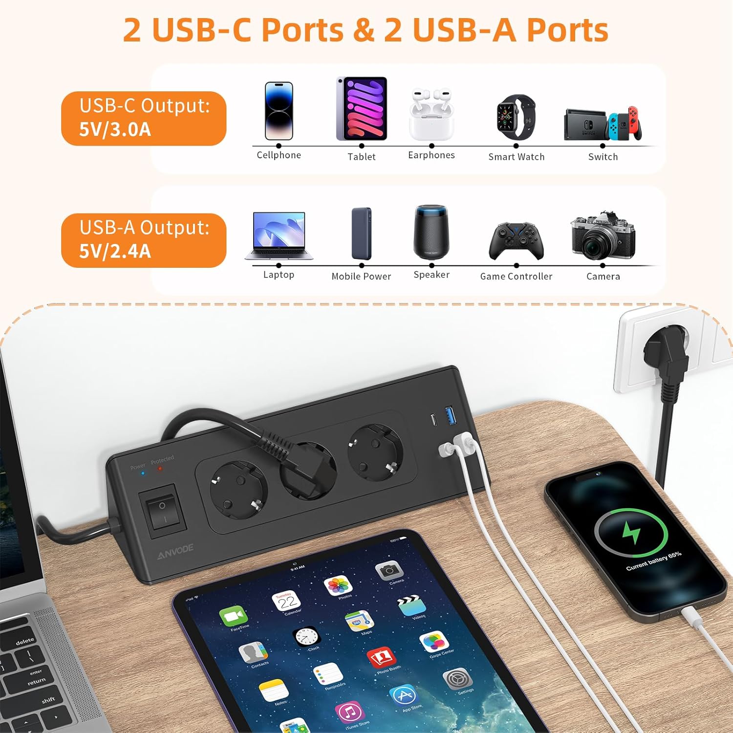 Thumbnail 2 de Ecksteckdose mit USB-A & 2× USB-C (3-fach) – Ecksteckdosenleiste mit Schalter und 2-m-Kabel
