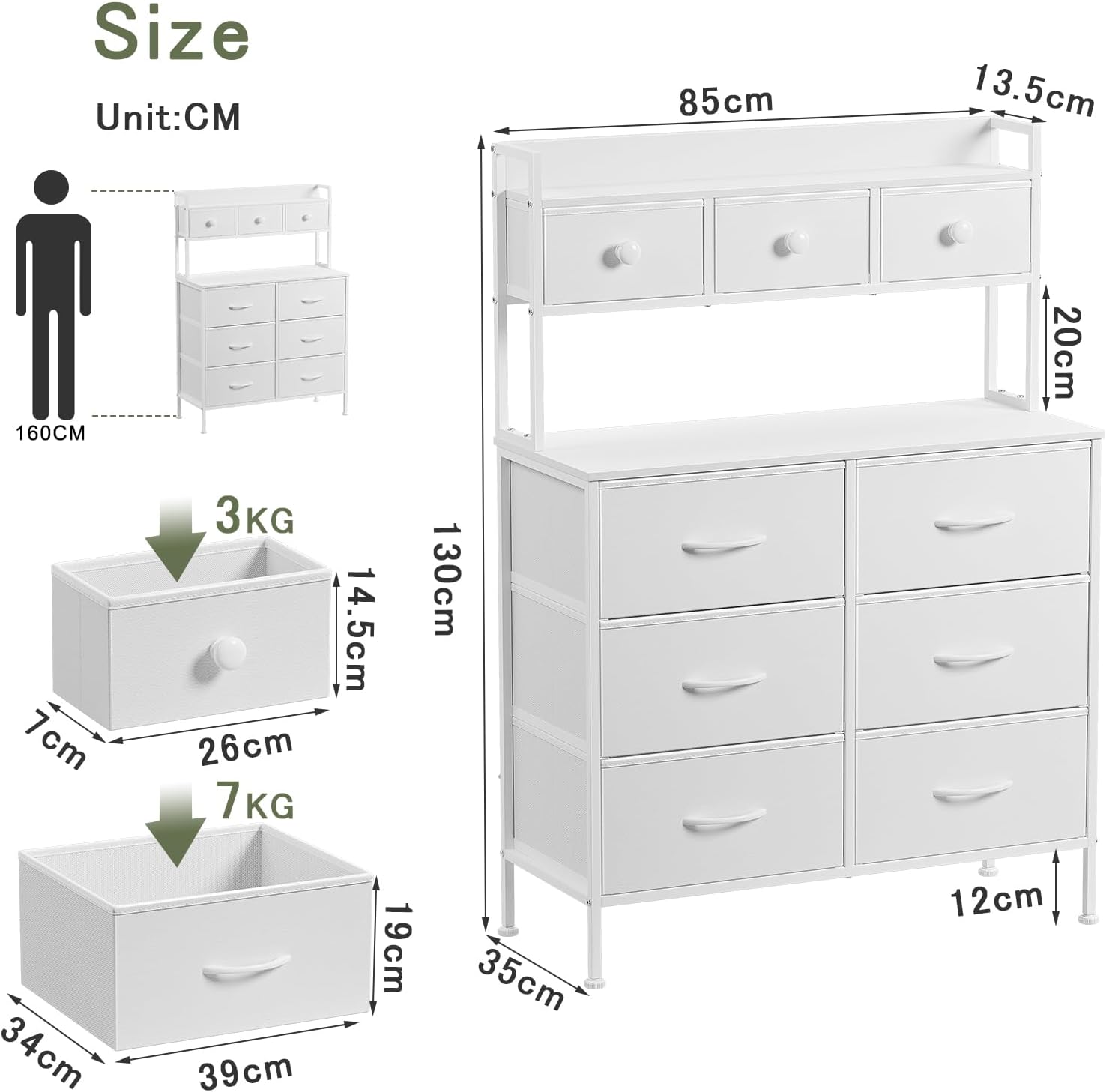 Thumbnail 1 de Mintnook Commode, Meuble de Rangement 9 Tiroirs – 85 x 35 x 130 cm, Blanc avec Cadre Métal