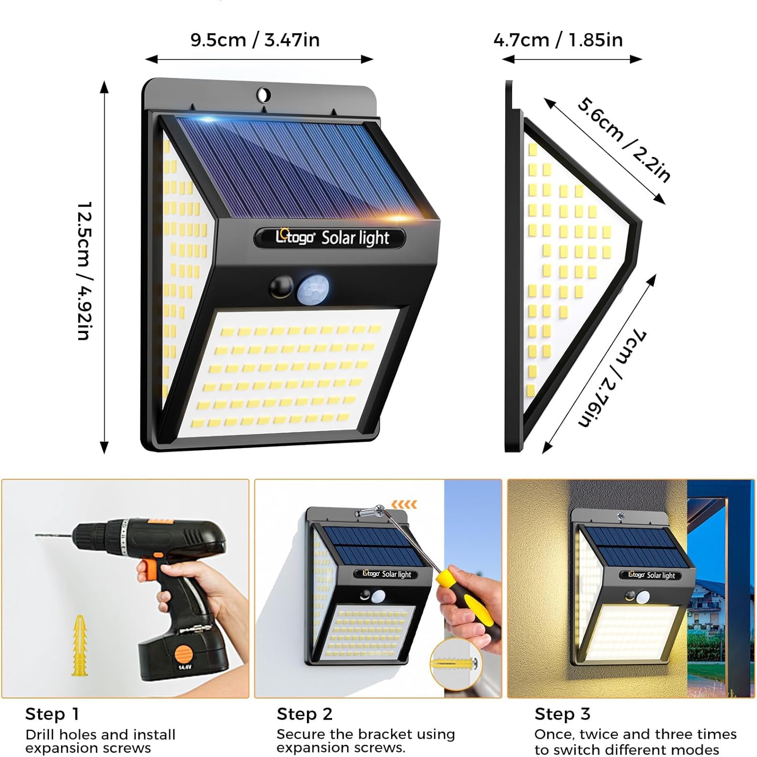 Thumbnail 5 de Litogo 140 LED Solar Security Lights Outdoor: 270° Motion-Sensing, IP65, 3 Modes