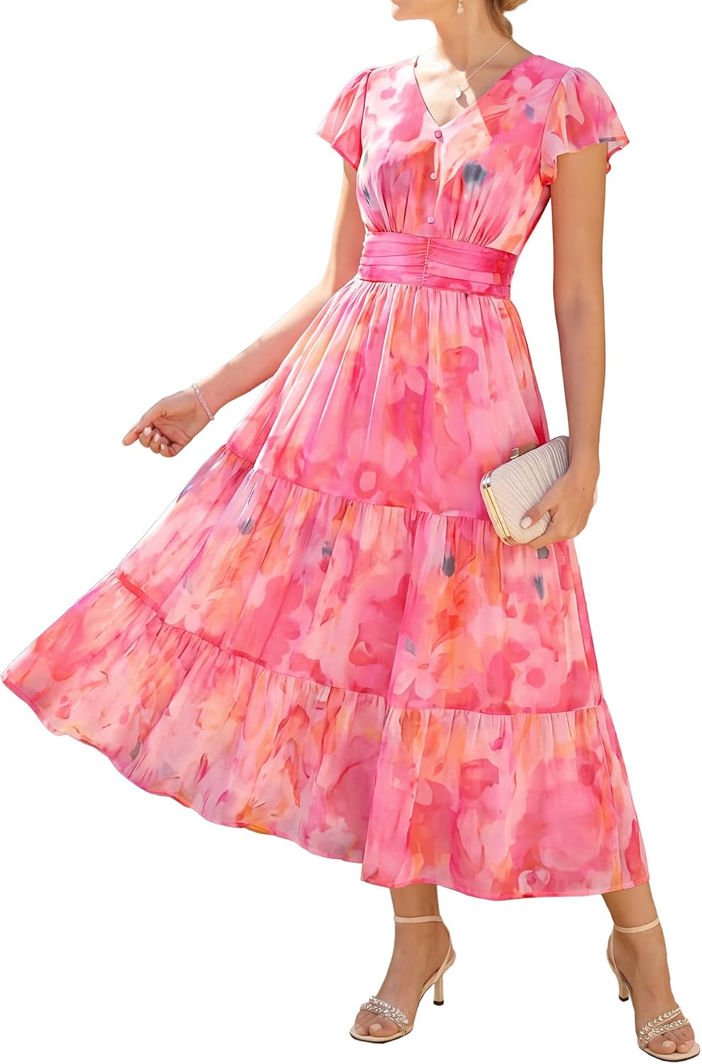 Thumbnail 6 de GRACE KARIN Damen Rüschenärmel V-Ausschnitt Midikleid – A-Linie mit Blume und Taschen