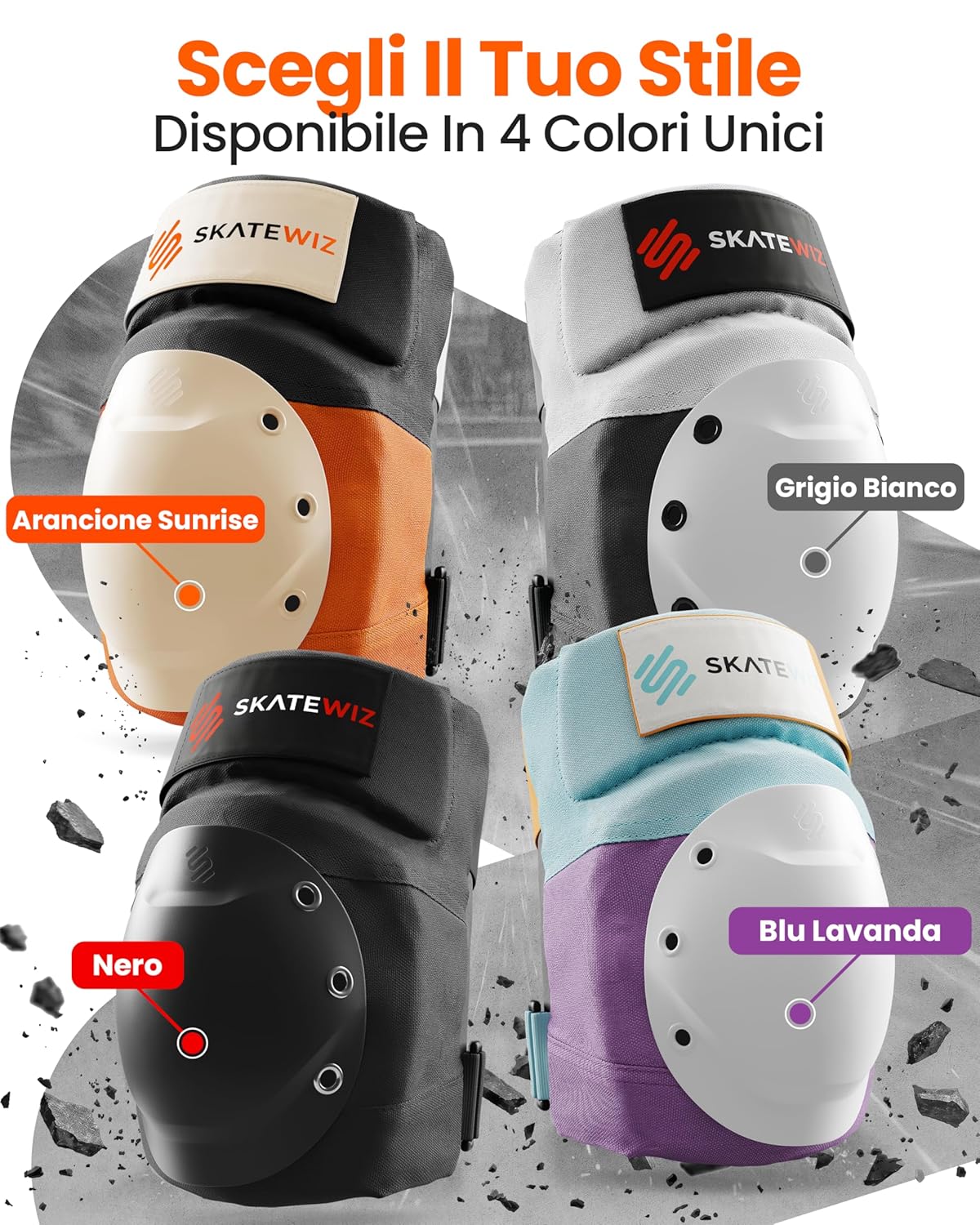 Thumbnail 5 de SKATEWIZ SHIELD Set Protezioni Adulto – Ginocchiere, Gomitiere e Polsi per Inline, Skateboard, BMX e Pattini a 4 Ruote / Taglia L / Alba Arancione