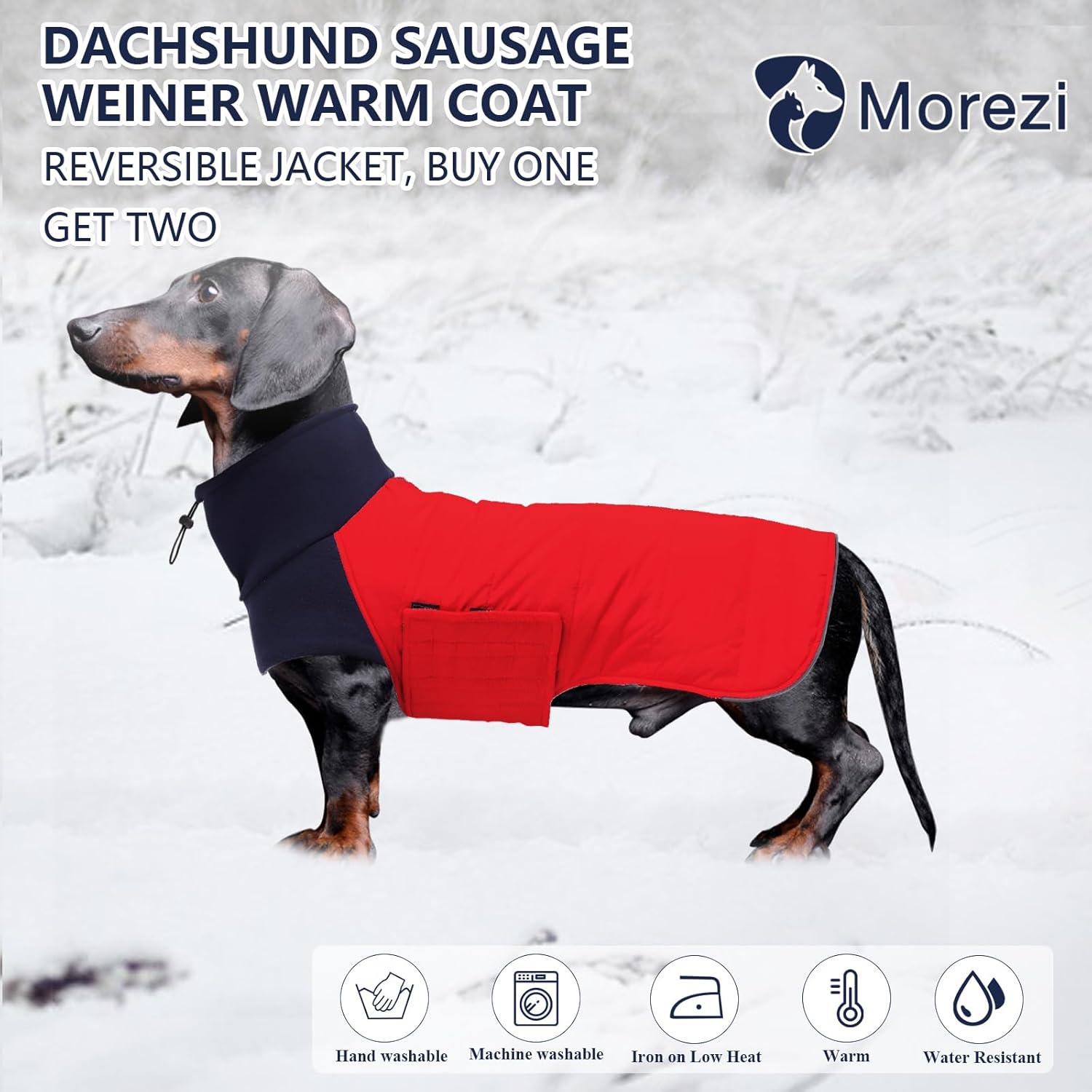 Thumbnail 1 de Morezi Dachshund sausage jacket dog coat (reversible) in Red, padded cotton lining, high collar – size XS