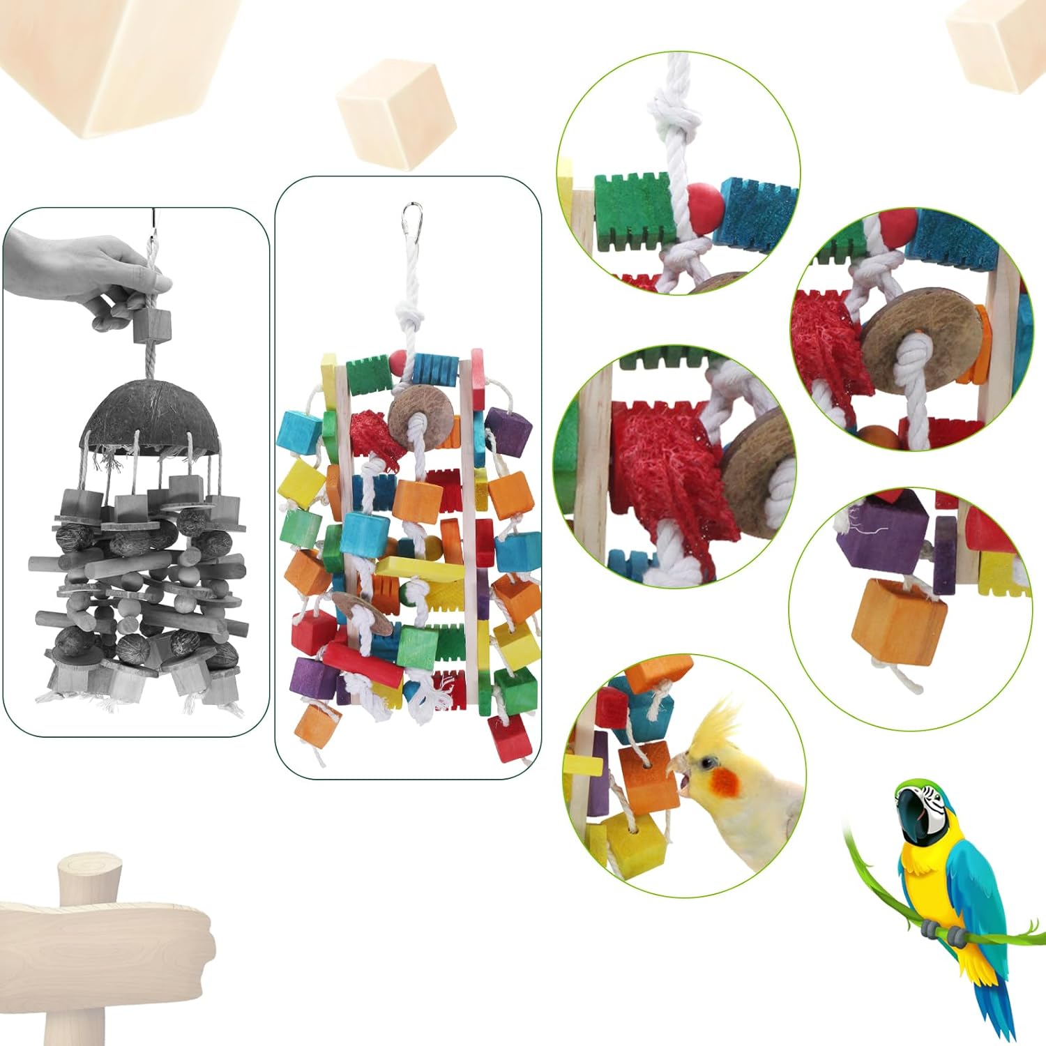 Detalle 2 de MQUPIN Large Bird Parrot Toys – Natural wooden blocks with foraging gaps and cotton climbing ropes