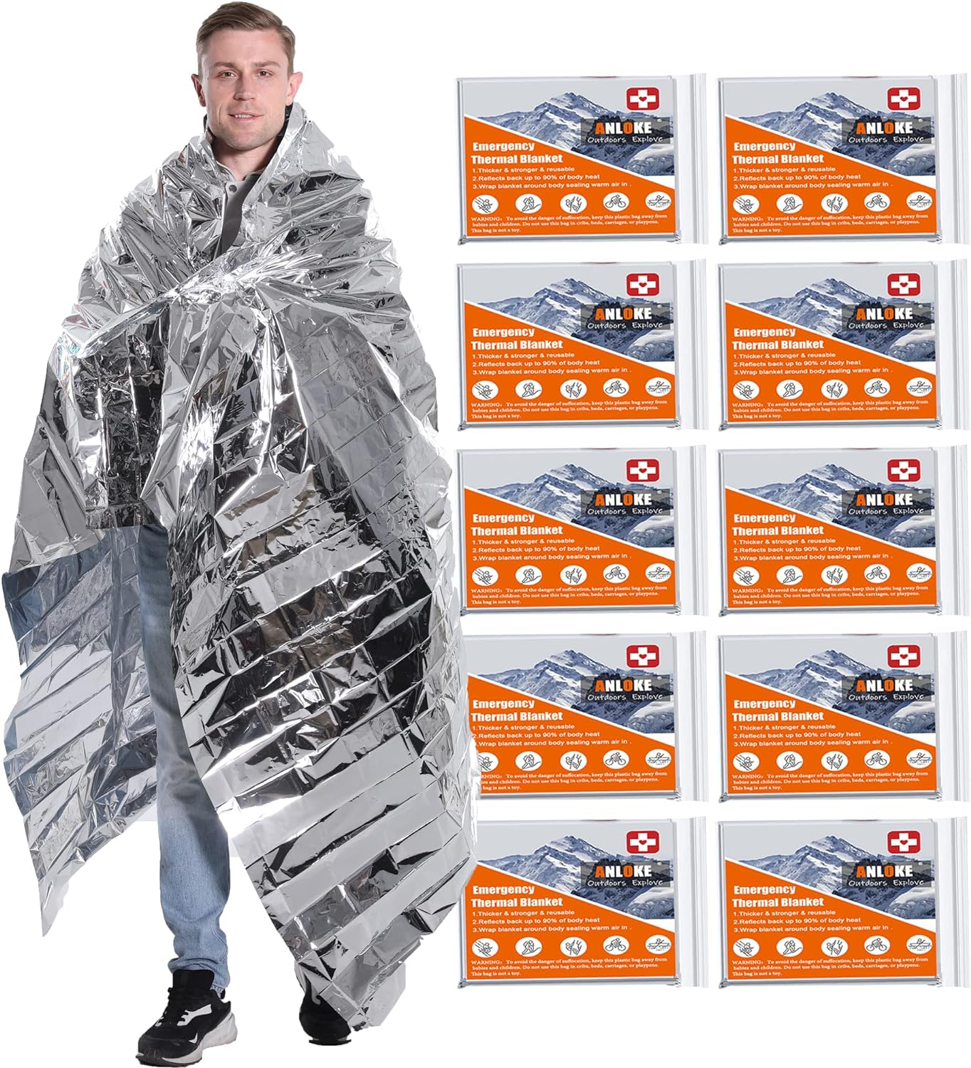 ANLOKE Emergency Mylar Thermal Blankets (10-Pack), 82 × 64 in Survival Blankets