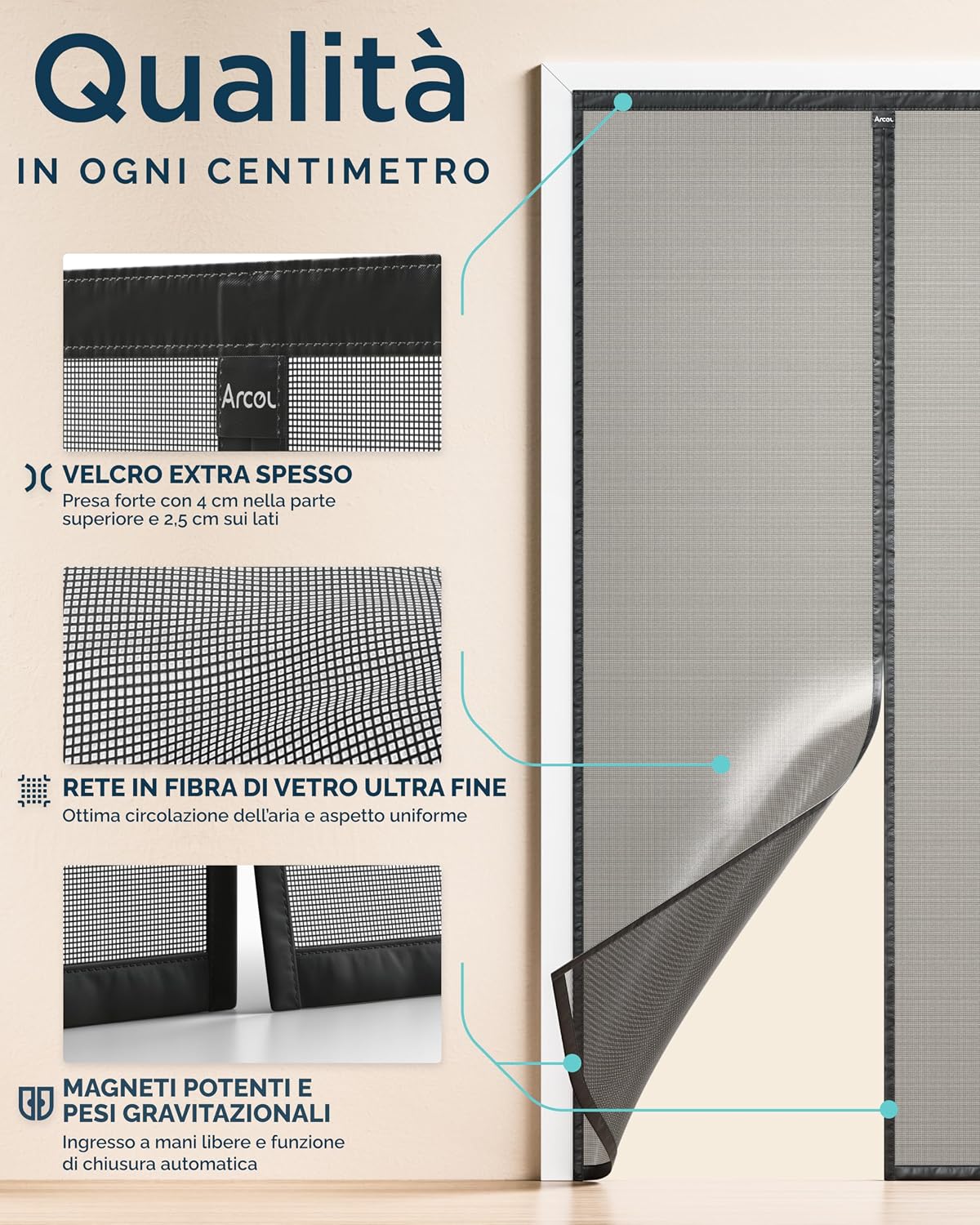 Thumbnail 4 de ARCOL Zanzariera Magnetica 90x250 cm Premium in Fibra di Vetro – Stop Zanzare con Chiusura Automatica