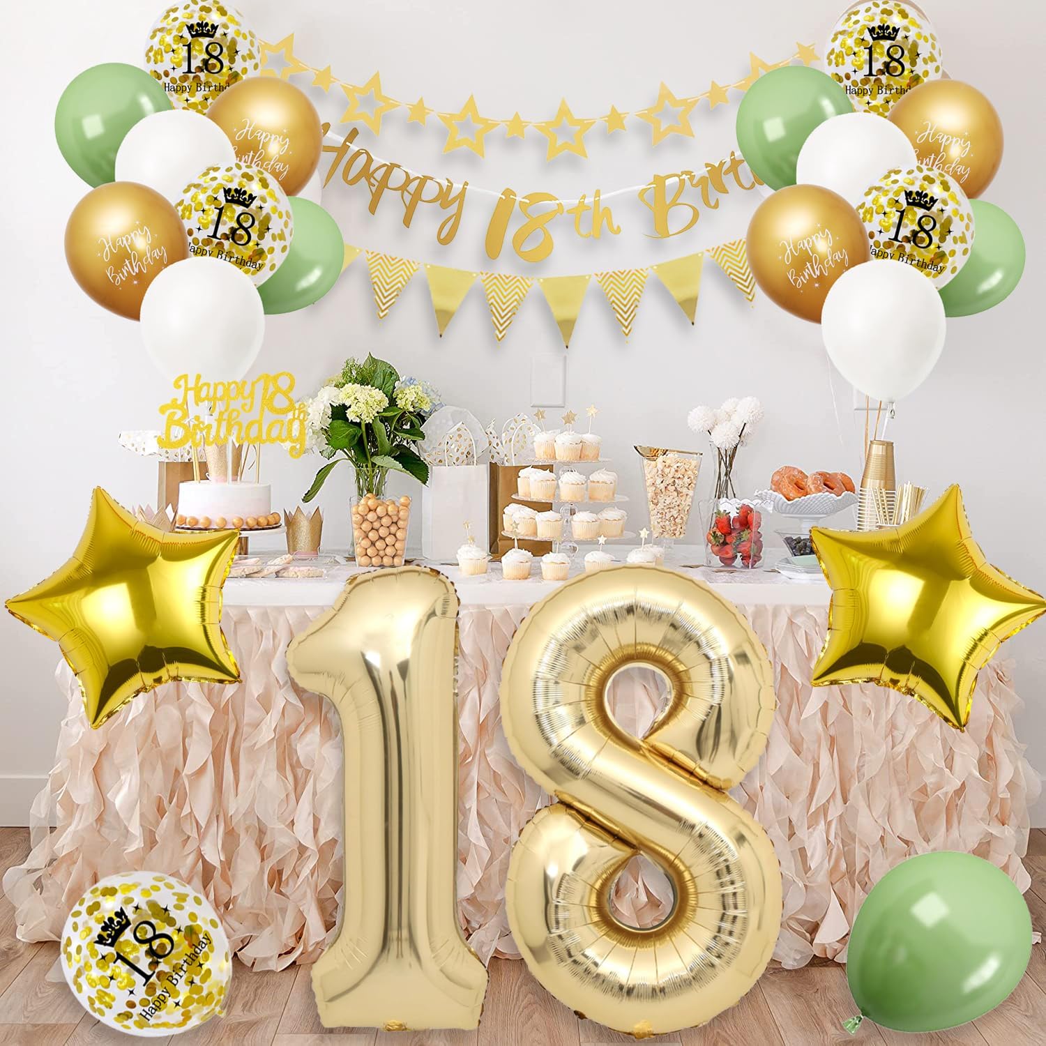 Thumbnail 5 de 18. Geburtstag Deko Set in Salbeigrün, Gold & Weiss – Ballons, Banner, Cake Topper und mehr