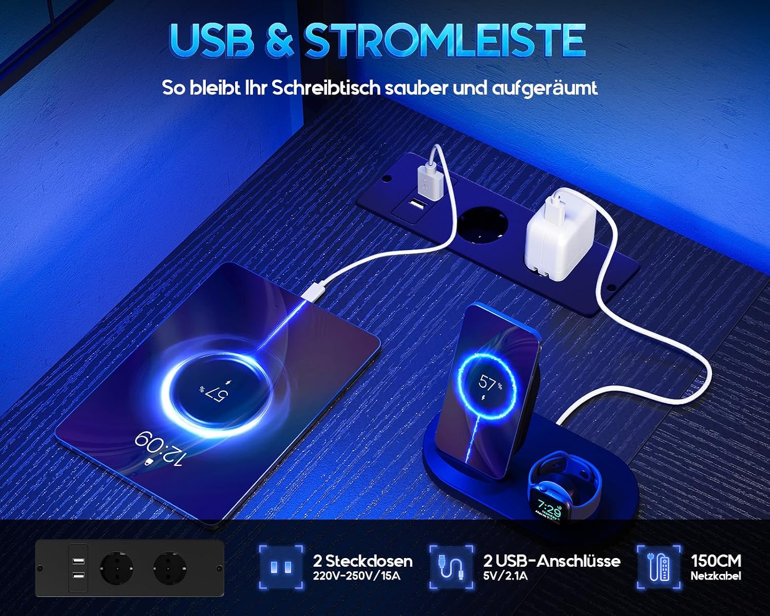 Thumbnail 5 de Coleshome Gaming Schreibtisch mit LED 130×100 cm