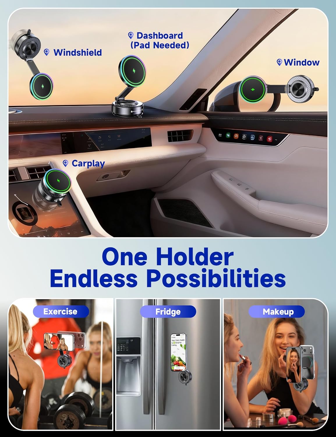 Detalle 2 de visnfa Magsafe Car Mount Charger (15W) with 105+ lb Suction & 360° Adjustable Magnetic Phone Holder