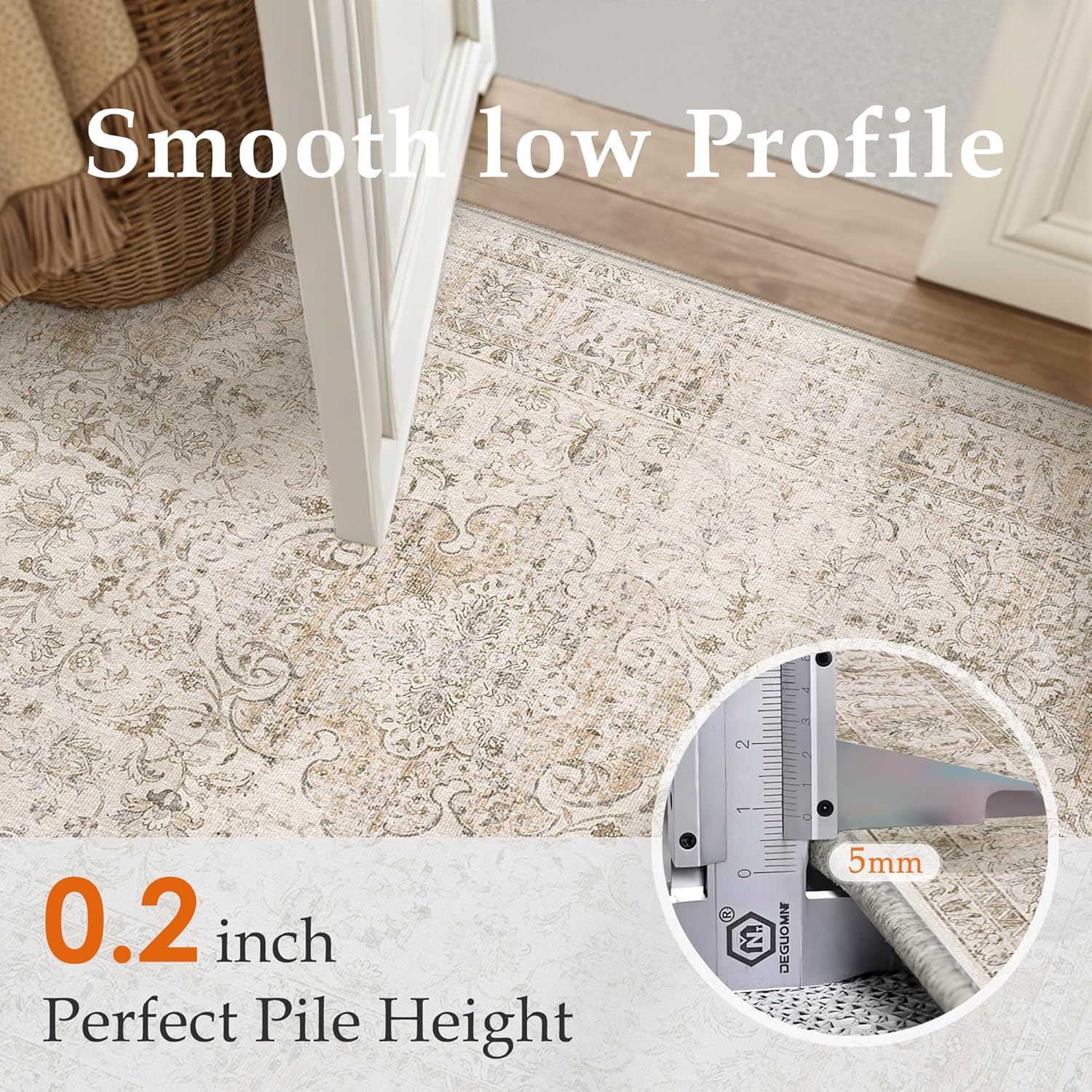 Thumbnail 6 de HUGEAR Vintage-style Beige Large Area Rug (140x200cm) – non-slip, washable low pile