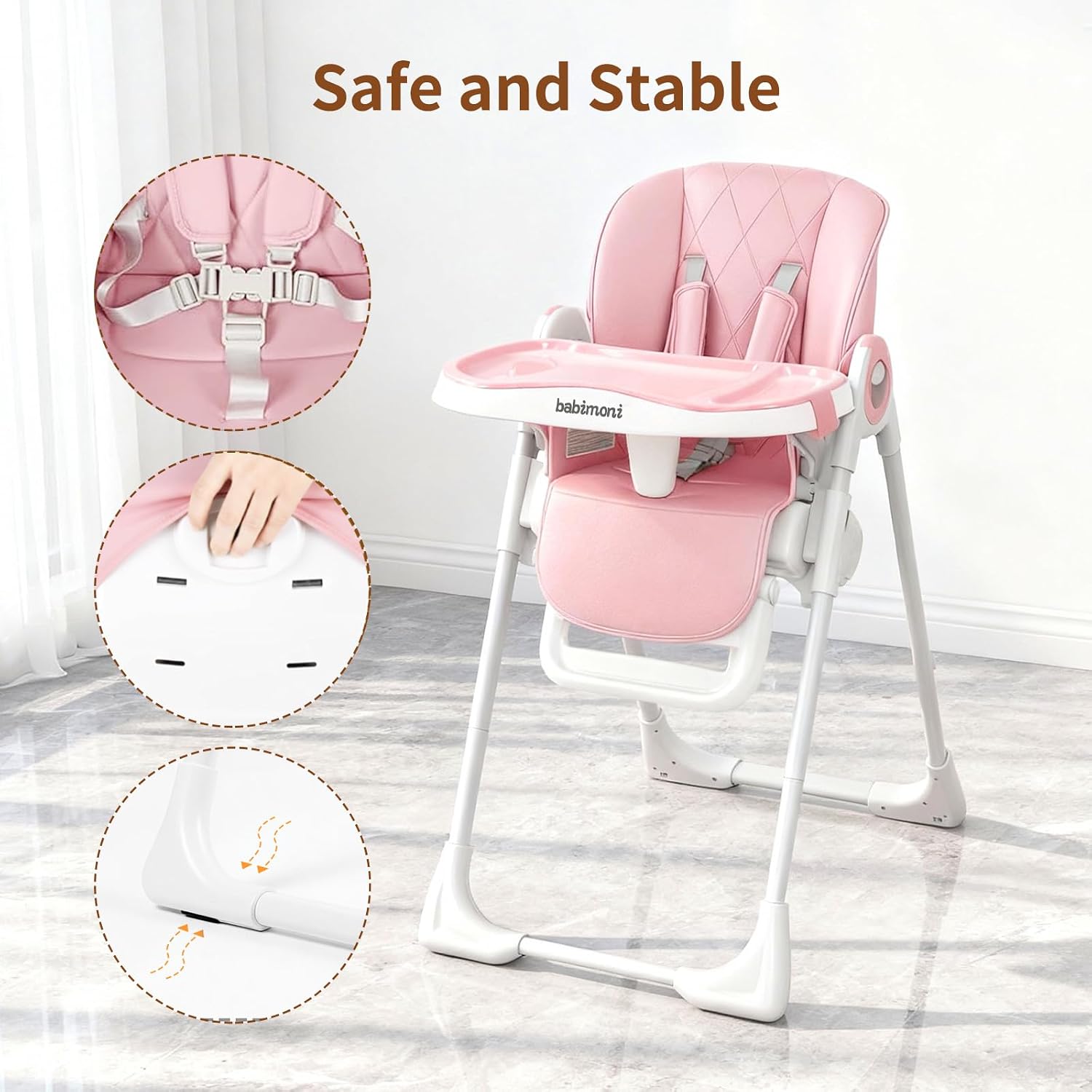 Detalle 2 de babimoni H22-PK 4-in-1 Baby High Chair, Foldable with 3 Recline Levels