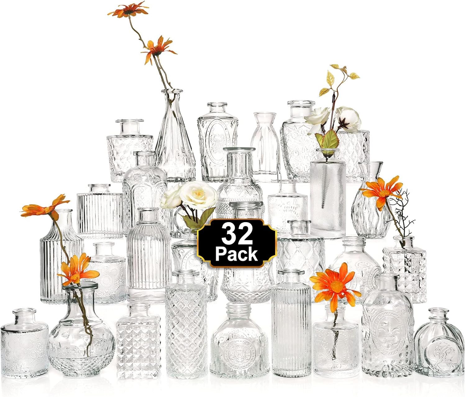 Arme Glass Bud Vase Set of 32 Pcs — Small Clear Bud Vases for Vintage Centerpieces