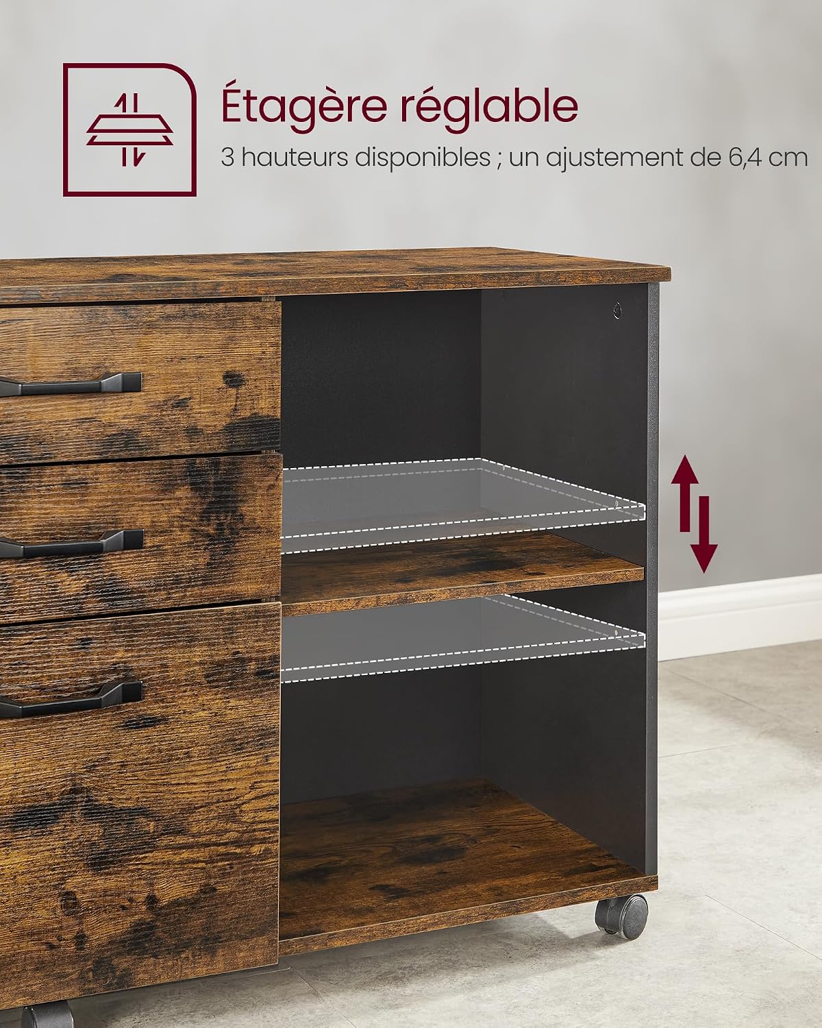 Detalle de VASAGLE OFC041B01 archiefkast op wielen met 3 laden en open vakken