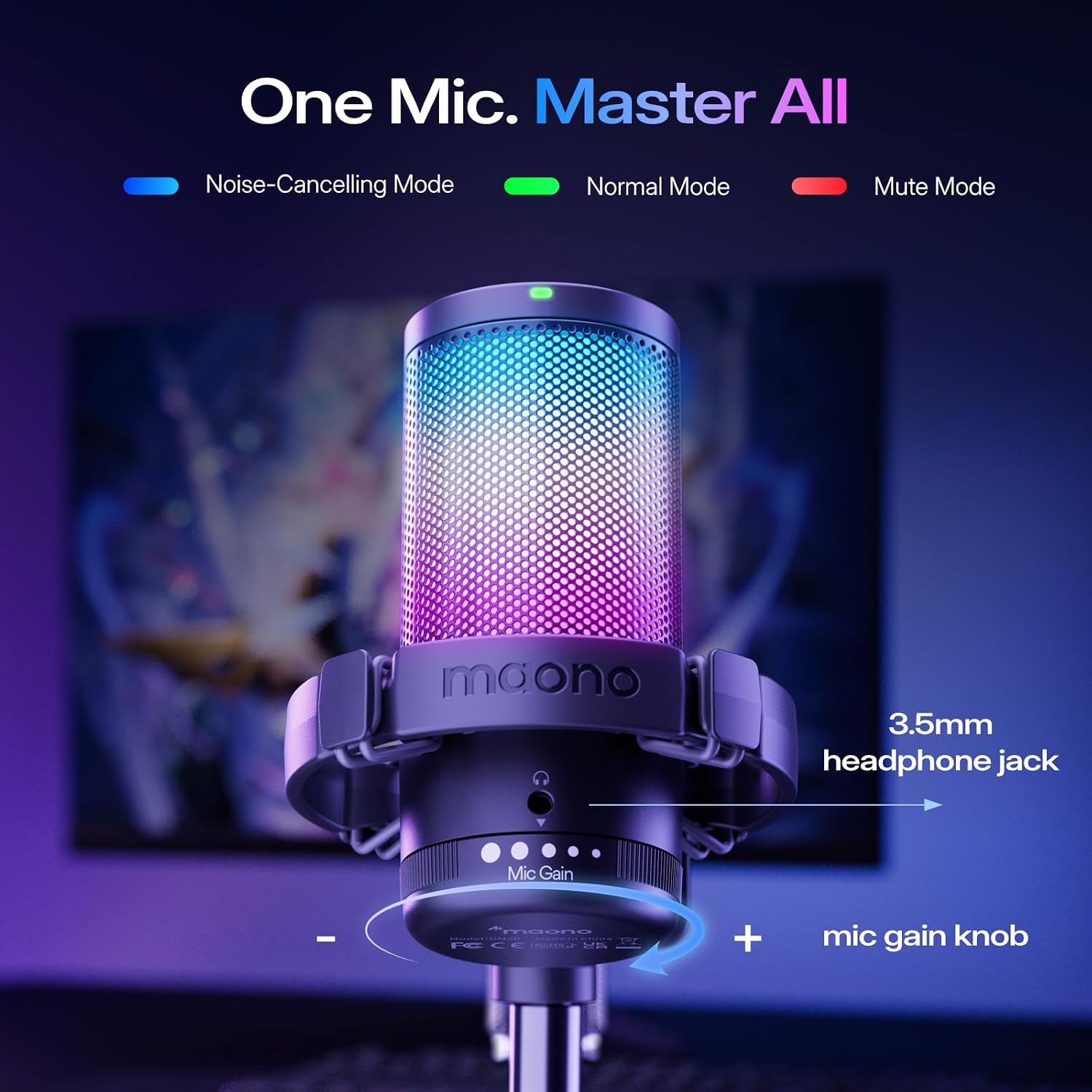 Detalle de MAONO DGM20S Gaming-USB-Mikrofon mit RGB, Noise-Reduction und Stummschaltung