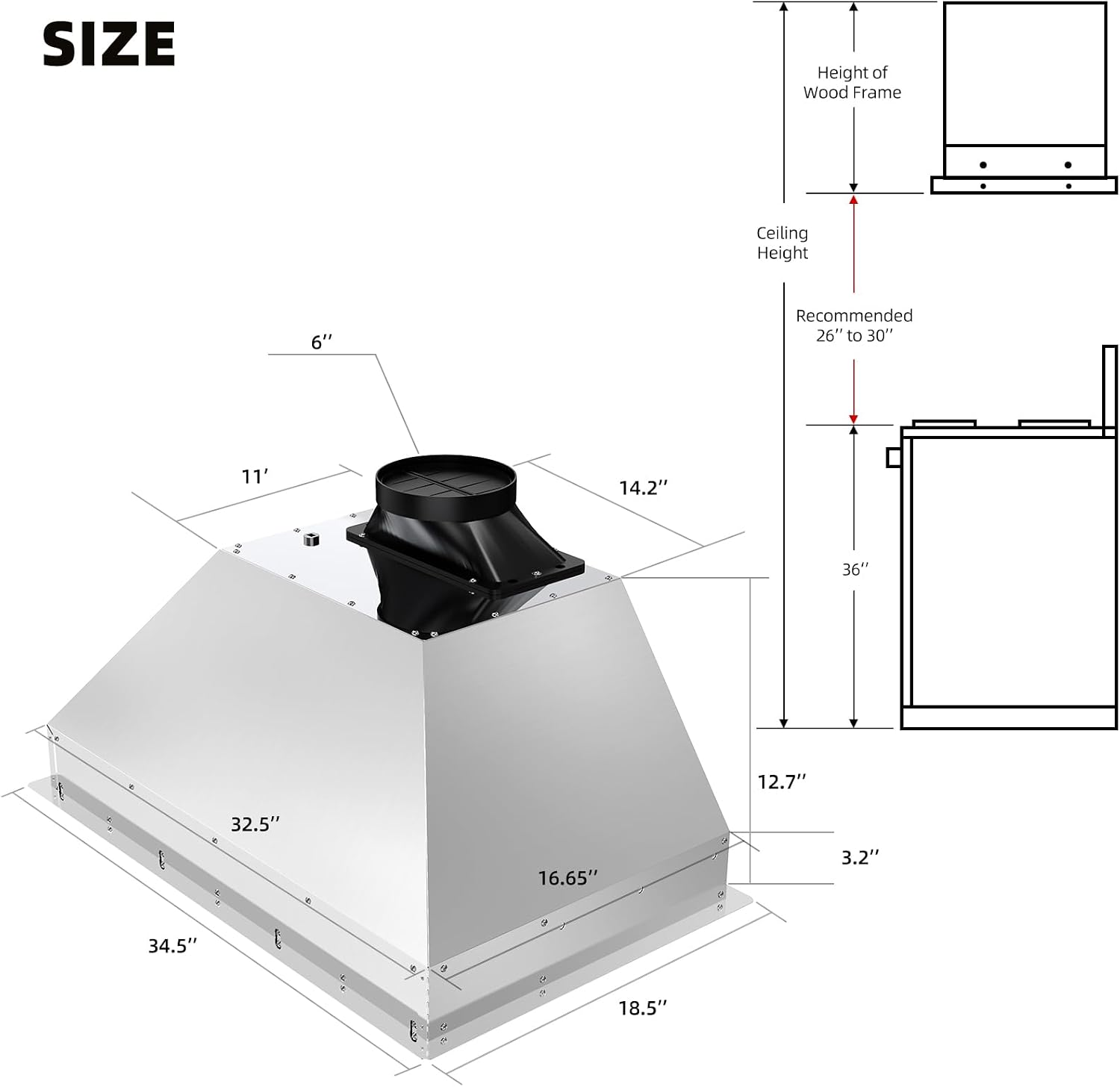 Detalle 2 de BRANO BU09B-V36 36-Inch Range Hood Insert, 900 CFM, Voice and Gesture Control