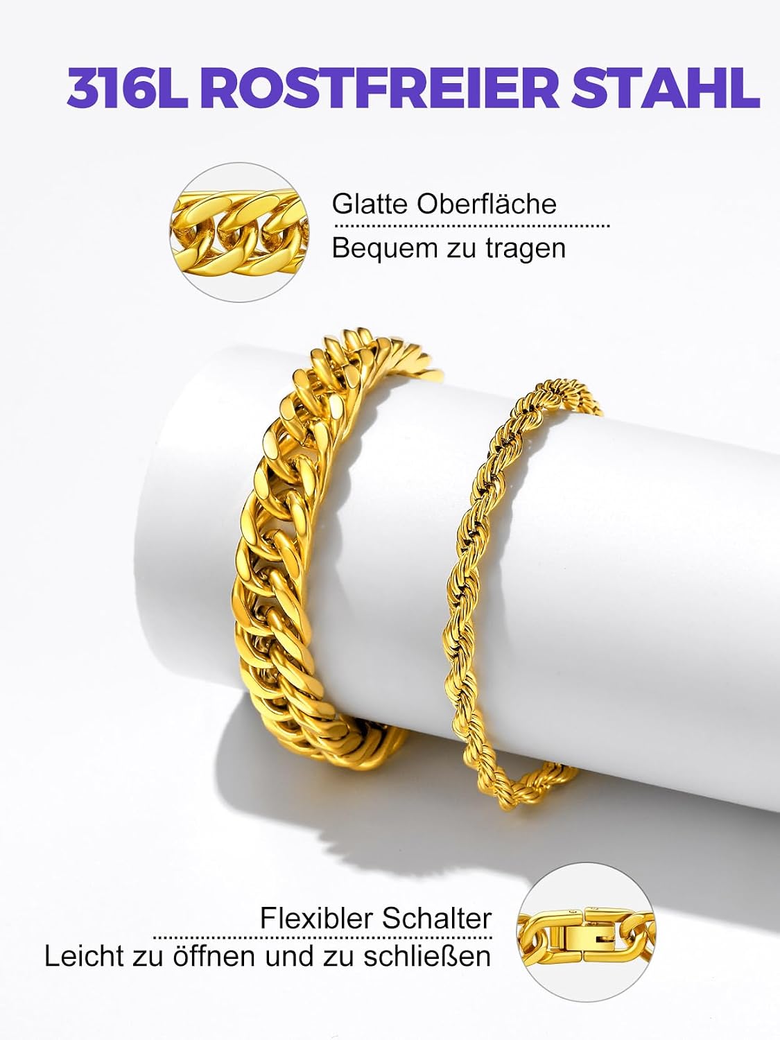 Detalle 2 de Richsteel Herren Edelstahl Armband-Set (2/3-teilig), stapelbar in Schwarz/Stahl/Gold – 9/8/4 mm, Längen 19/21/23 cm