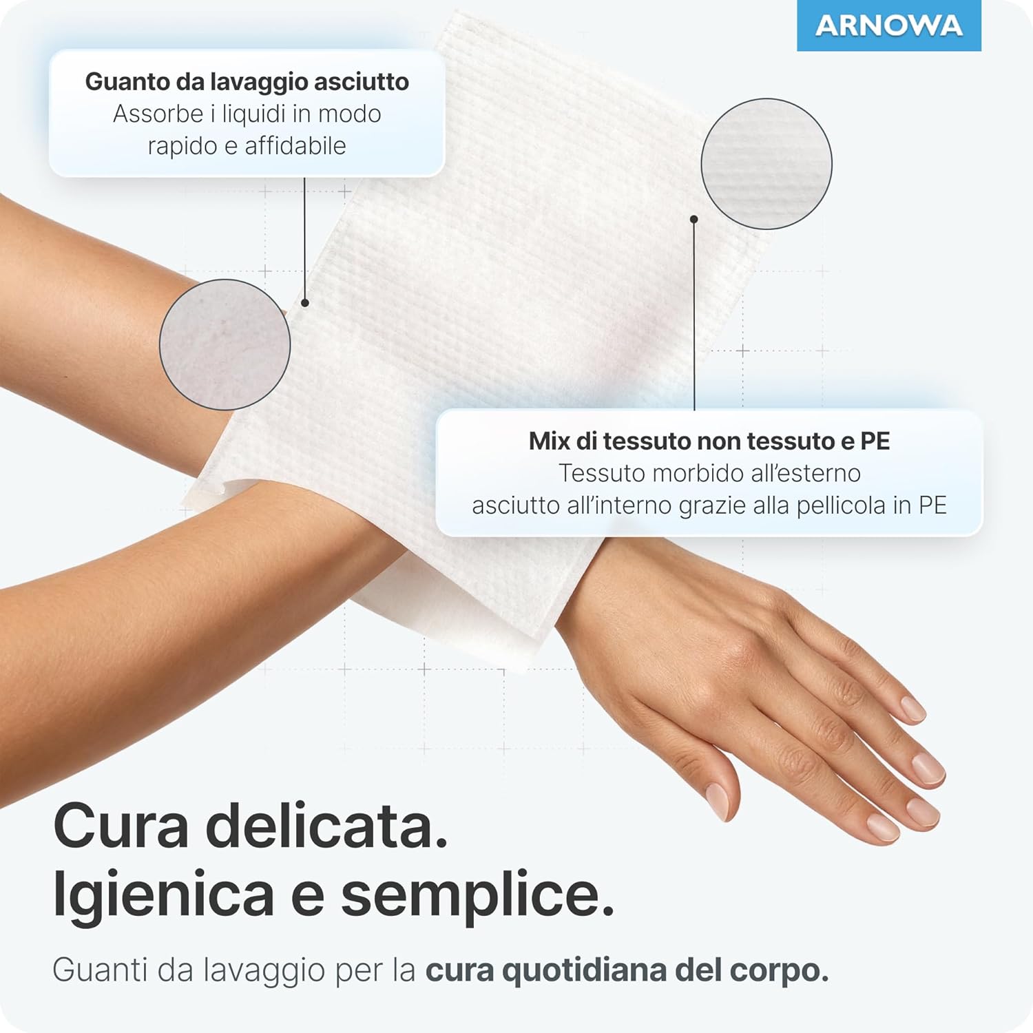 Thumbnail 1 de ARNOMED 50x manopole monouso non saponate idrorepellenti per igiene di adulti, anziani e bambini (60 g/m²)