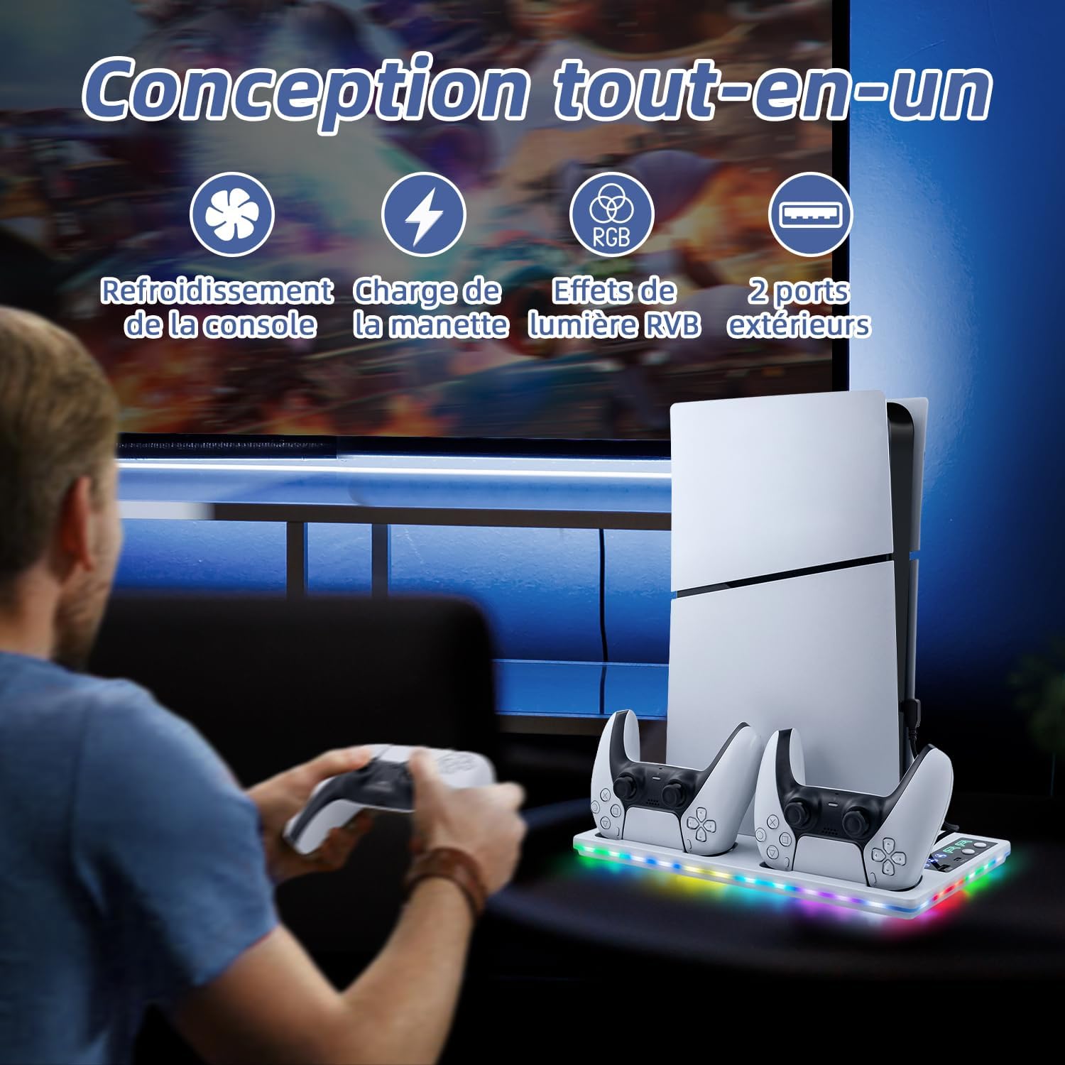 Thumbnail 3 de Station de refroidissement Wigearss pour PS5 (PS5 Slim & PS5 Pro) avec ventilateur, double chargeur de manettes et RGB