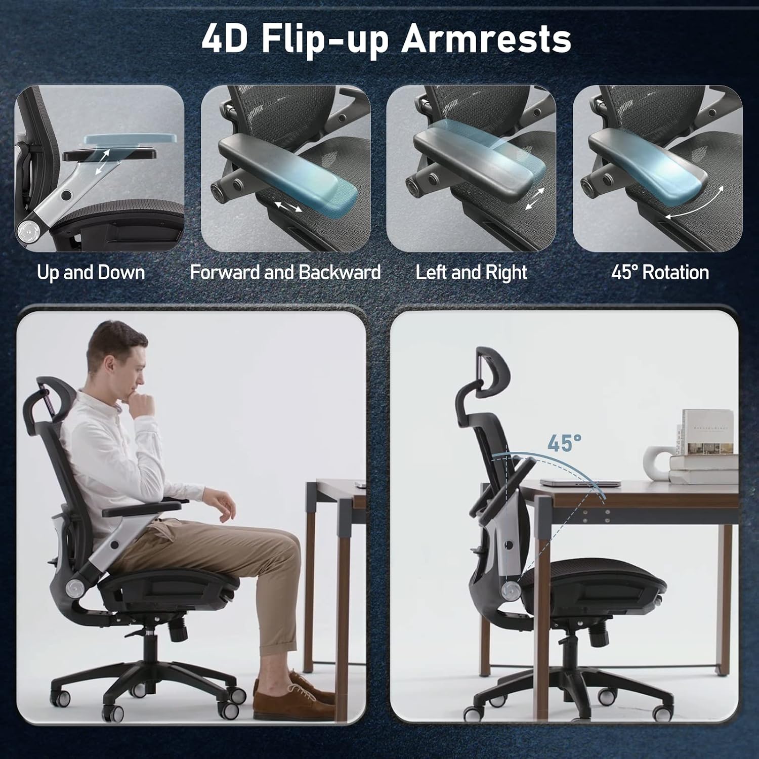 Thumbnail 6 de COLAMY Ergonomic Mesh Office Chair with Footrest (High Back + Headrest), 4D Flip-up Arms, Lumbar Support and Tilt Lock – Black