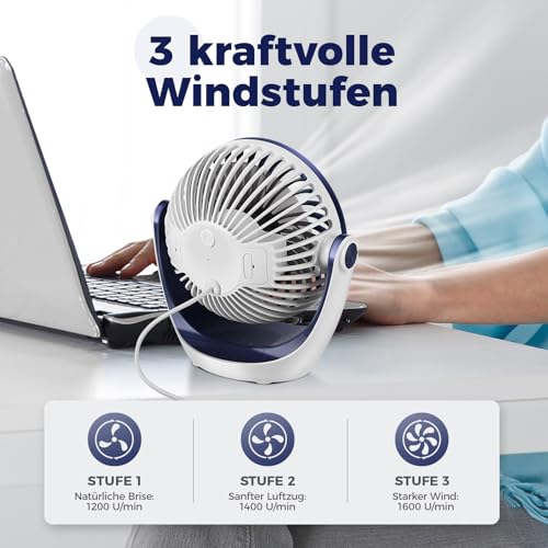 Detalle de OCOOPA USB Ventilator – kompakter Tischventilator mit starkem Wind, 3 Geschwindigkeiten und 360° Kopf