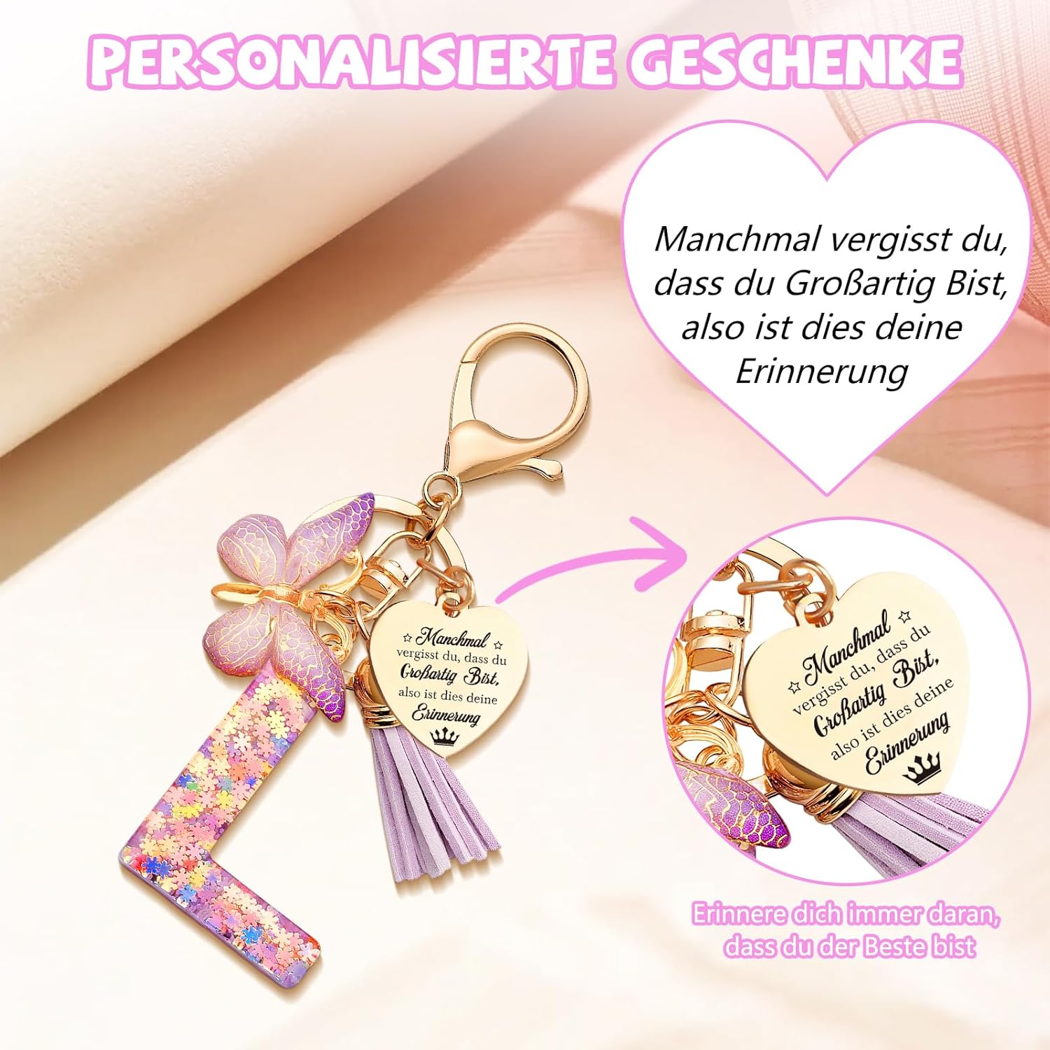 Detalle de Anruzon Schlüsselanhänger Mädchen – Buchstabe, Schmetterling und personalisierbar