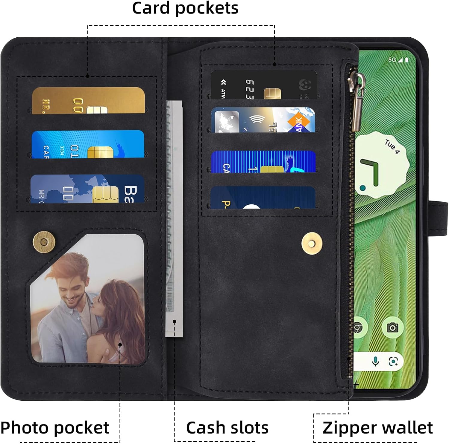 Thumbnail 3 de Asuwish Klapphülle für Google Pixel 7 – Leder Wallet mit Kartenfächern, Reißverschluss, Ständer und Schutzfolie