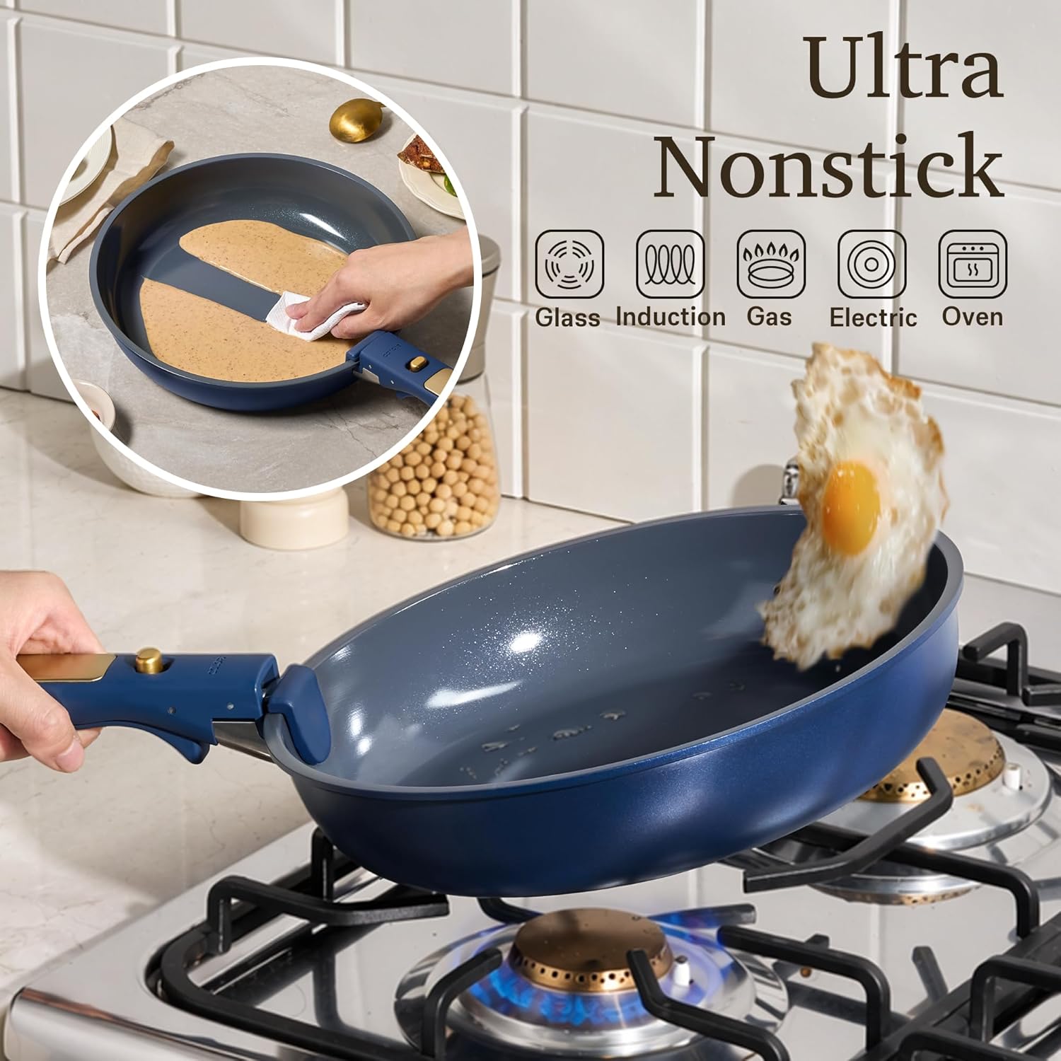 Thumbnail 3 de CAROTE Blue & Gold Ceramic Cookware Set: Non-Toxic, PFAS-Free 15-Piece with Detachable Handles