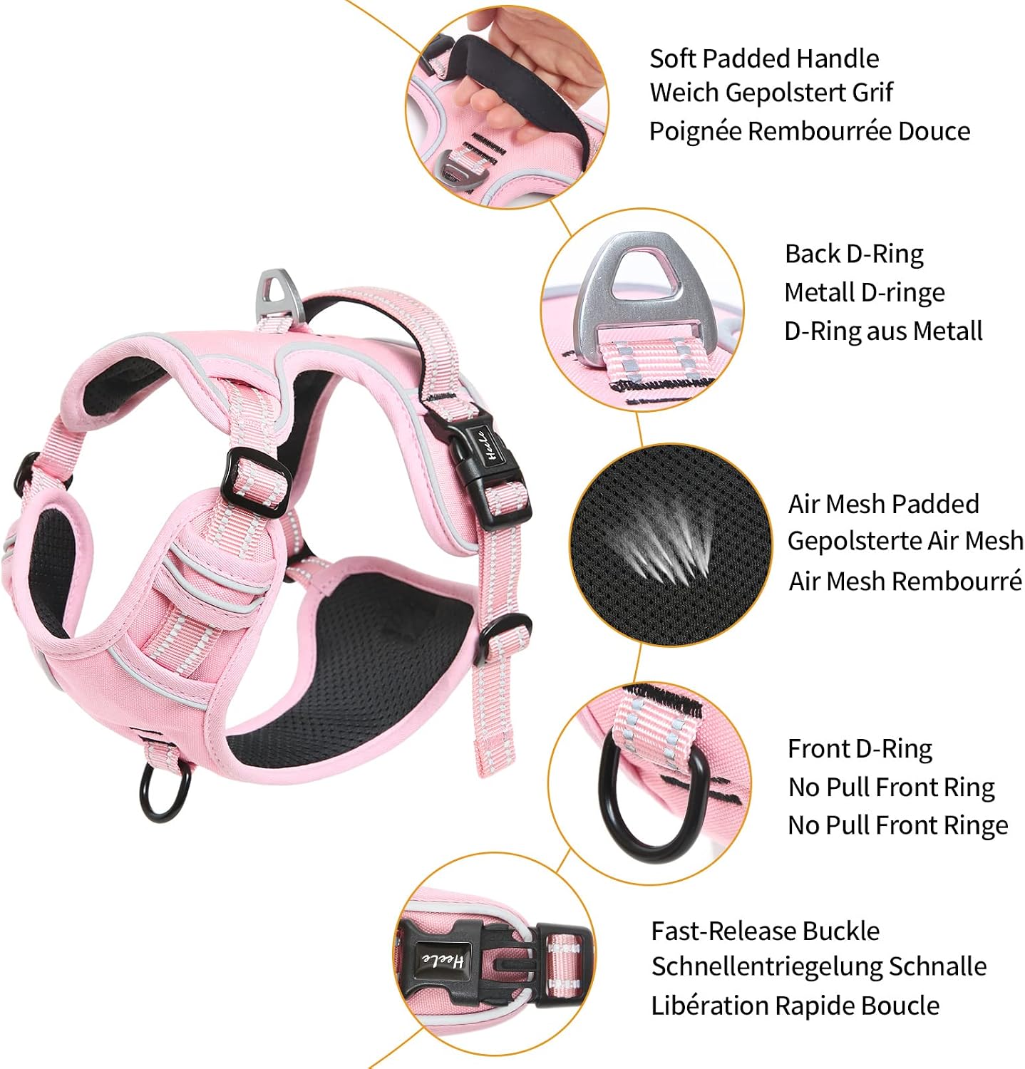Detalle de HEELE No-Pull Hundegeschirr – verstellbar, atmungsaktiv, reflektierend, Pink, Größe M