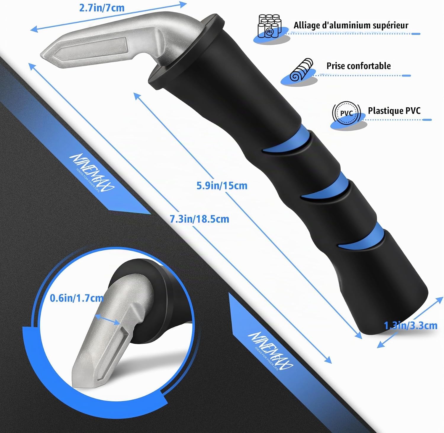 Detalle de NINEMAX auto-instaphulp met ABS-handgreep en aluminium steun, zwart
