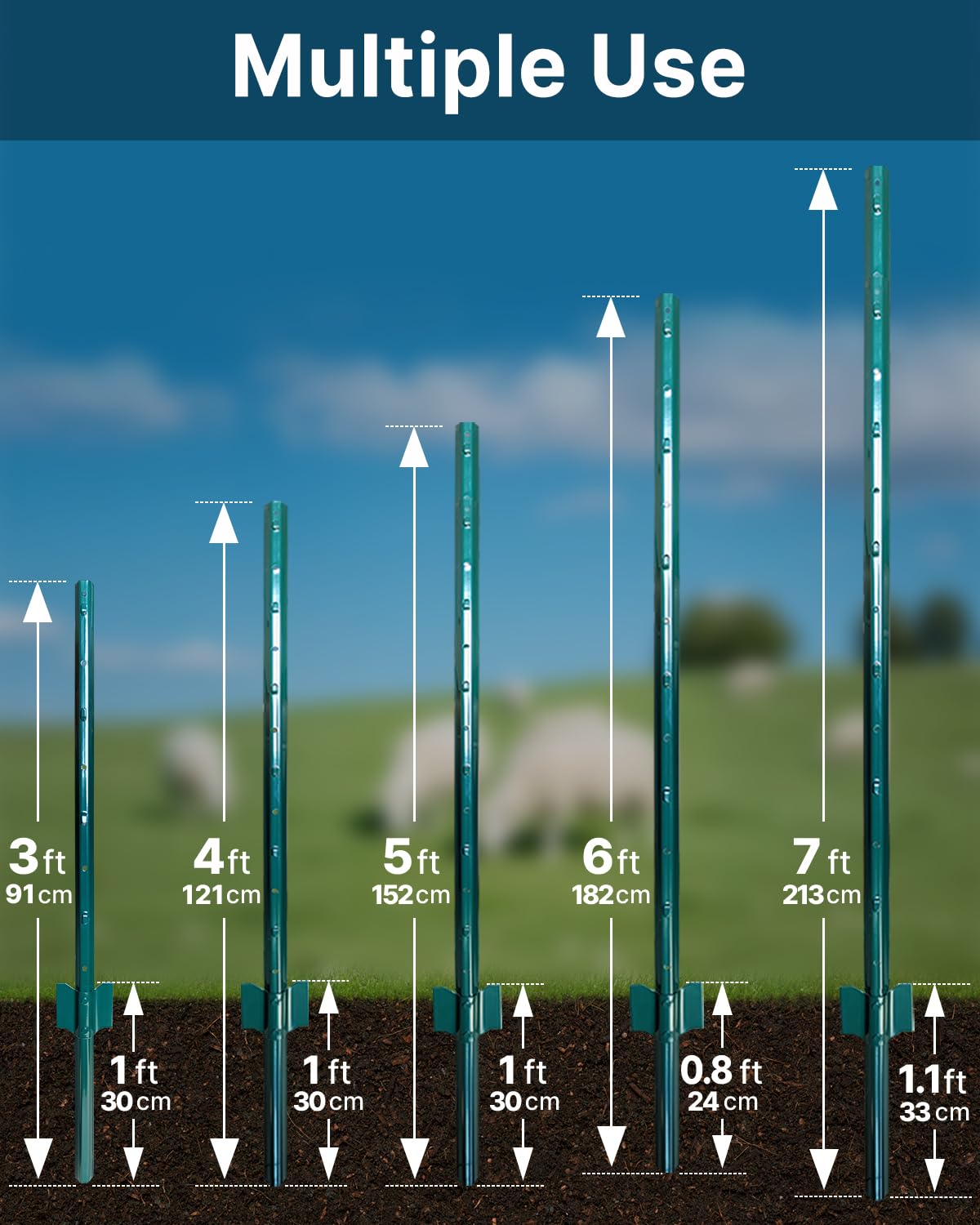 Thumbnail 1 de ARIFARO 121cm / 4ft Metal Fence Posts (Pack of 10) for Wire Fencing