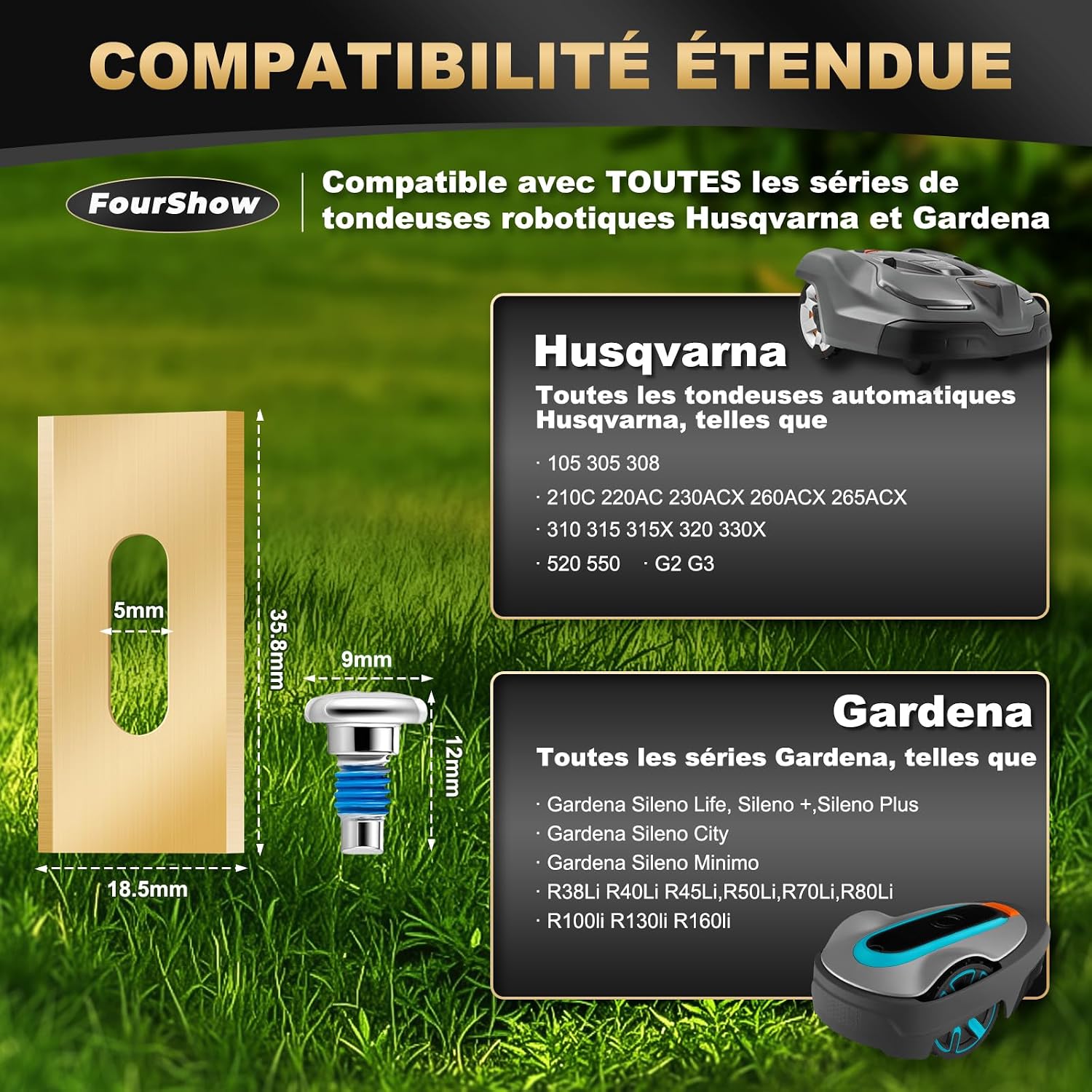 Detalle 2 de FourShow - Lot de 36 lames durables en titane pour robot Husqvarna et Gardena (avec vis et revêtement de sécurité)