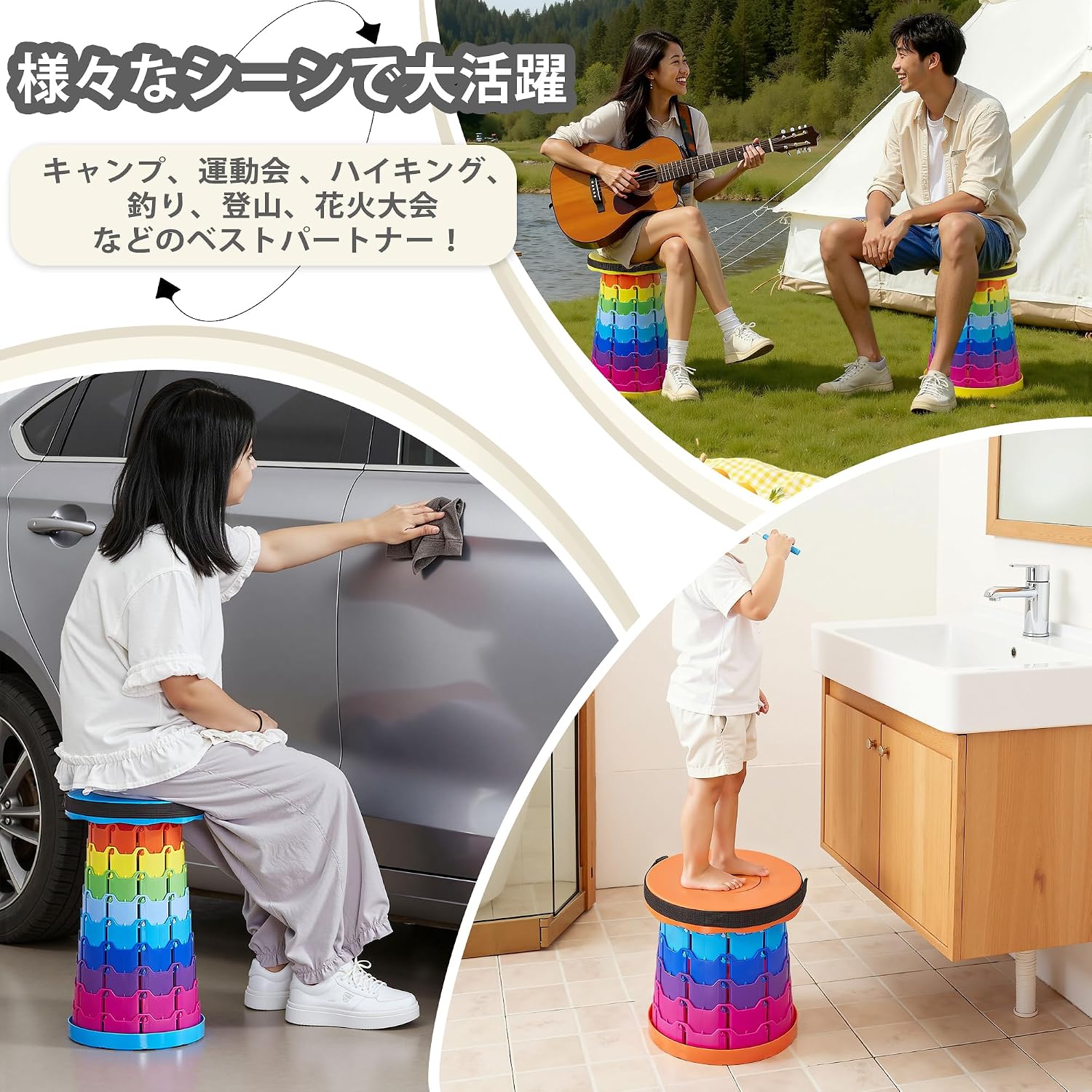 Detalle de VECELO 折りたたみ椅子 伸縮式・高さ調節可能・耐荷重150kg・直径25cm