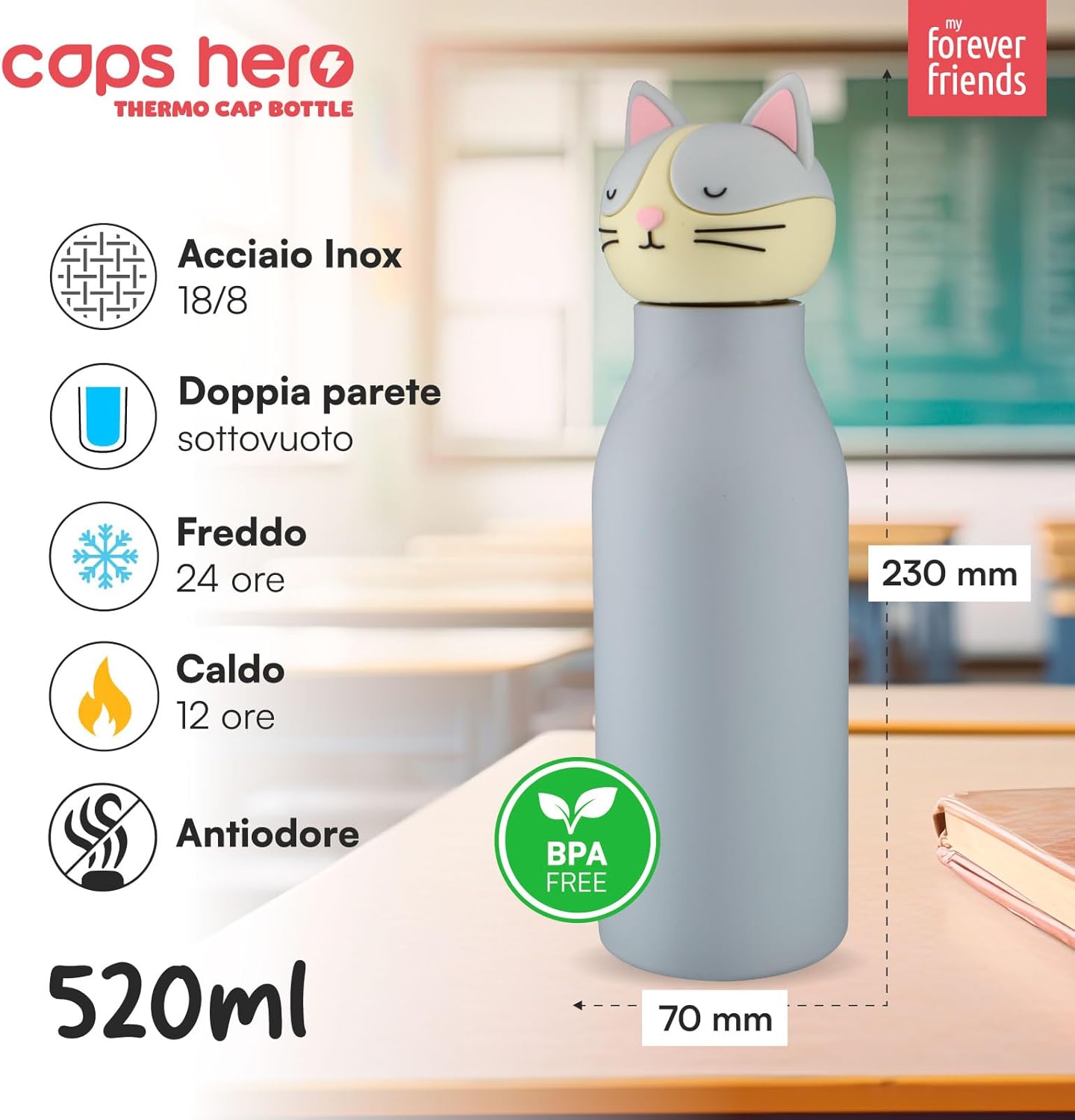 Thumbnail 1 de Borraccia Termica per Bambini CapsHero Gatto Cat Cleo, acciaio inox 520 ml, doppia parete (freddo 24h, caldo 12h) senza BPA
