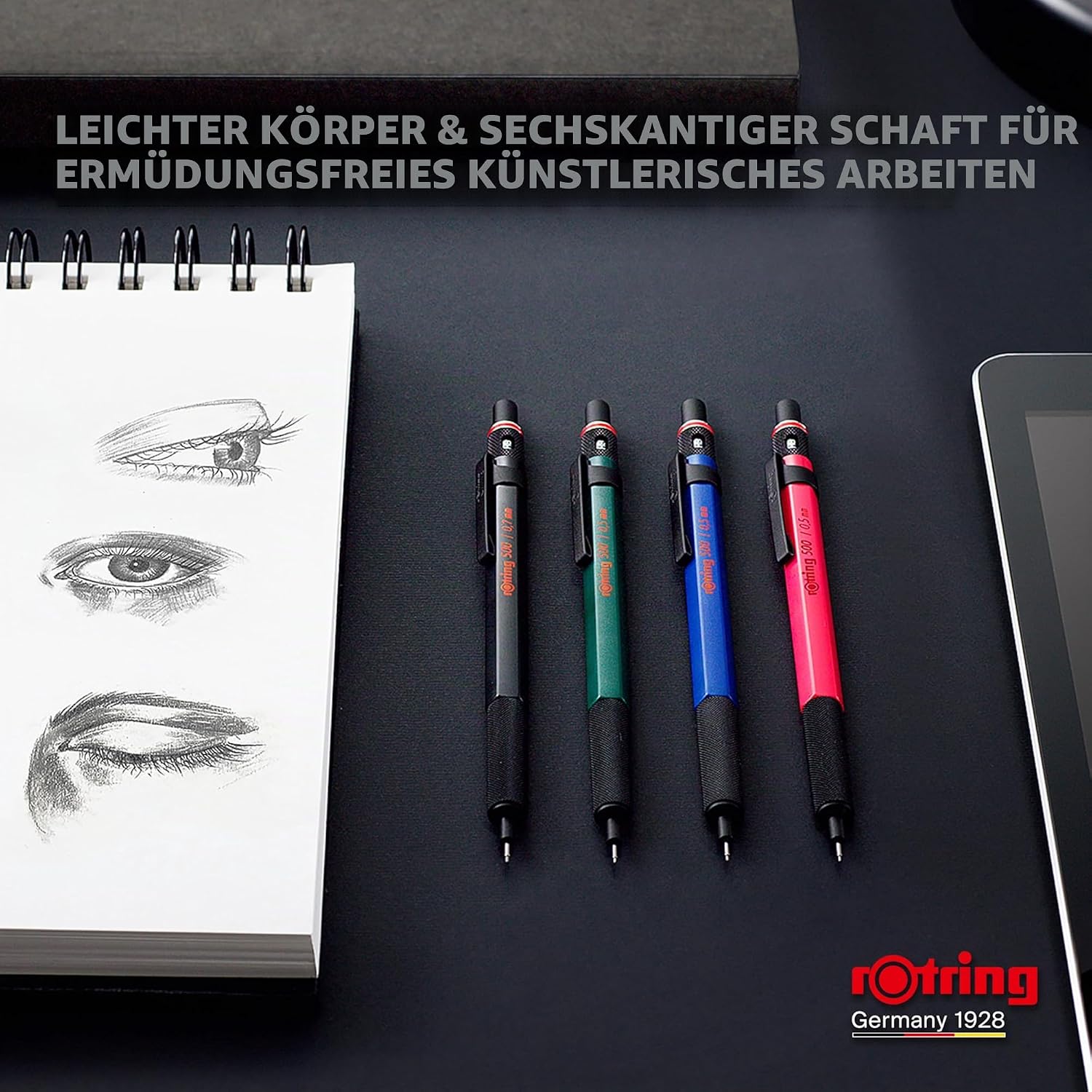 Detalle de rOtring 500 Druckbleistift mit 0,5 mm Mine – blauer Schaft für präzises Zeichnen