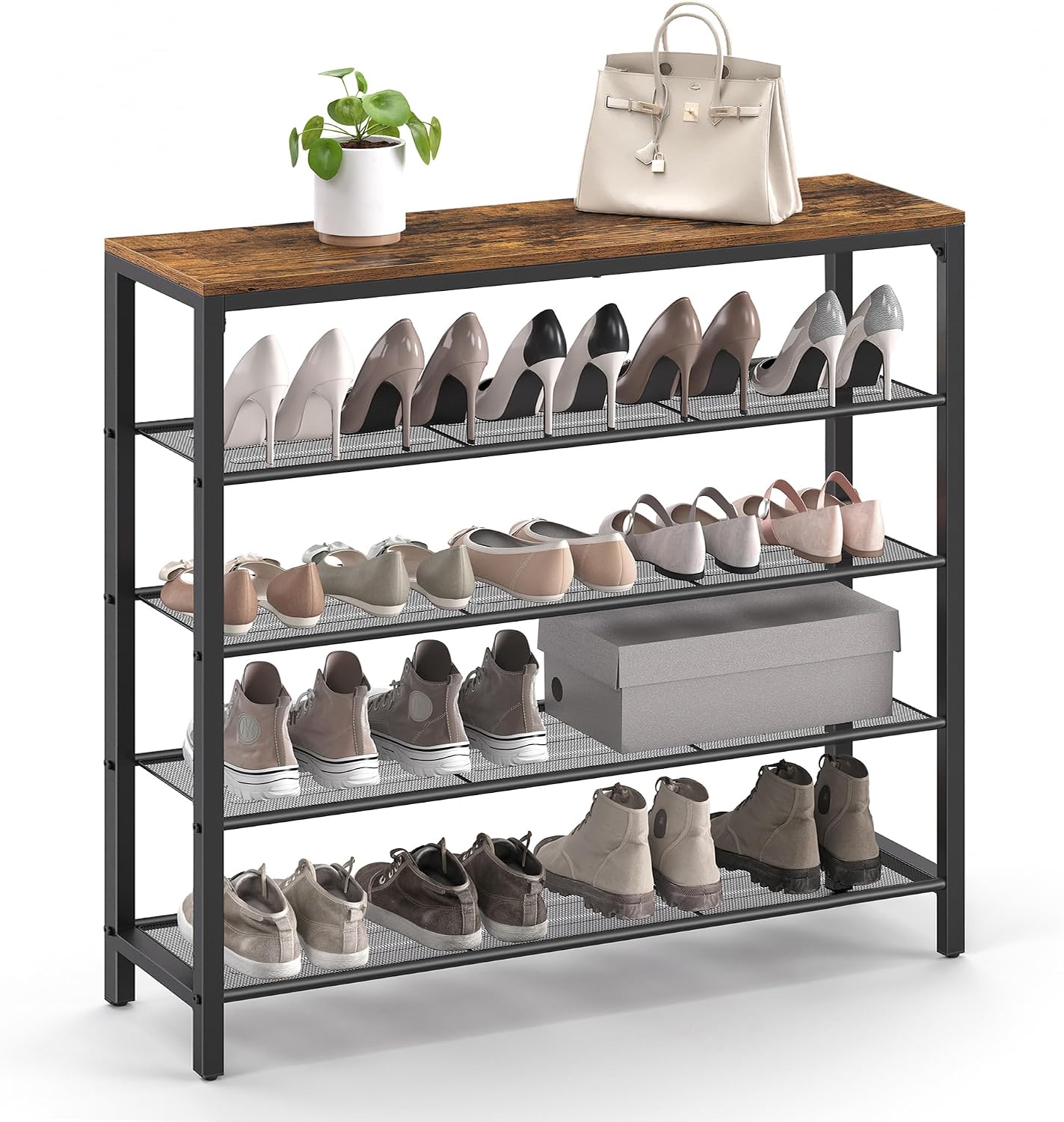Detalle de VASAGLE LBS15BX Dacey Shoe Rack, 4 Mesh Shelves, Rustic Brown and Black