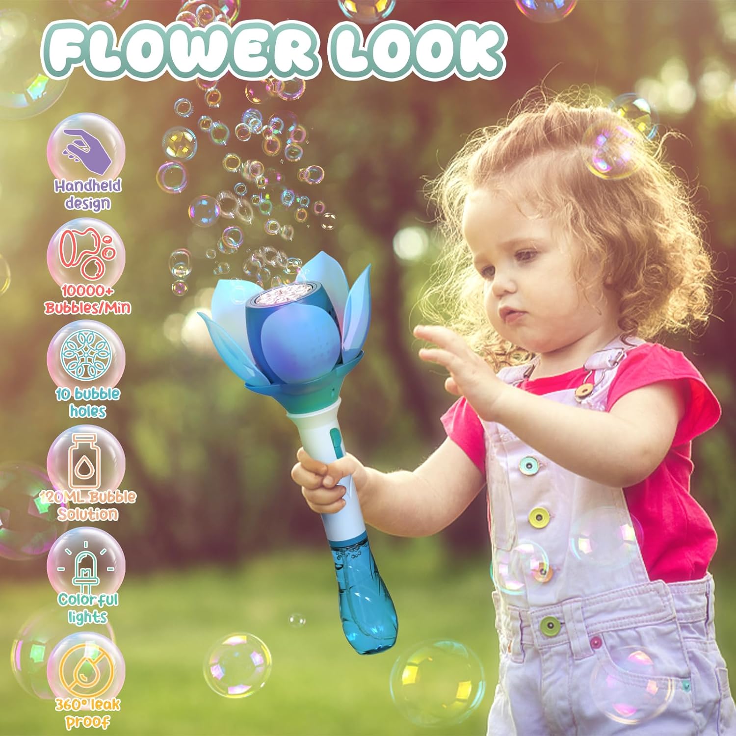 Thumbnail 1 de PANACARE Blumen Seifenblasenstab (elektronische Seifenblasenmaschine) für Kinder – Akku, Licht, 10 Löcher, blau