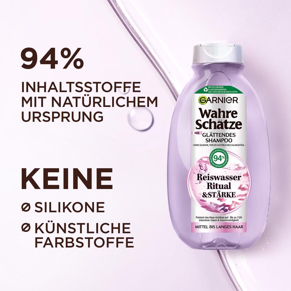 Detalle 2 de Garnier True Treasures Glättendes Haarpflegeset mit Reiswasser – Shampoo 250 ml, Conditioner 200 ml & 1-Minute Haarkur 340 ml (3-teilig)