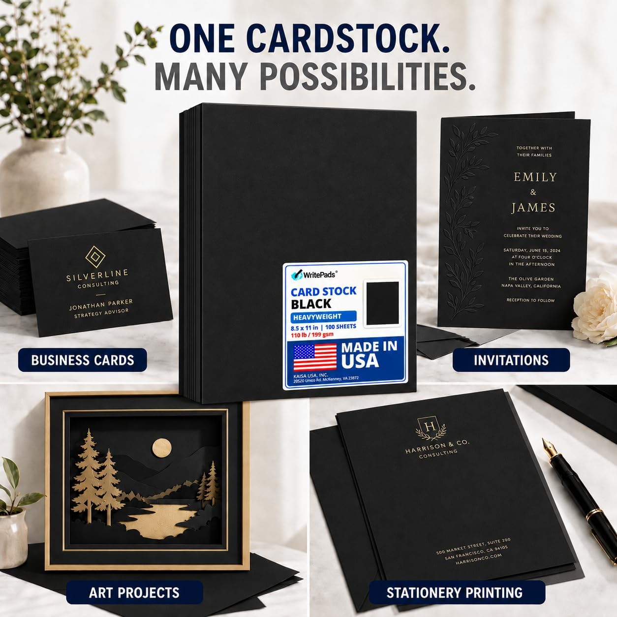 Detalle de KAISA KSU-73835 Black Cardstock, 110 lb, 199 gsm, 8.5 x 11 in, 100 Sheets