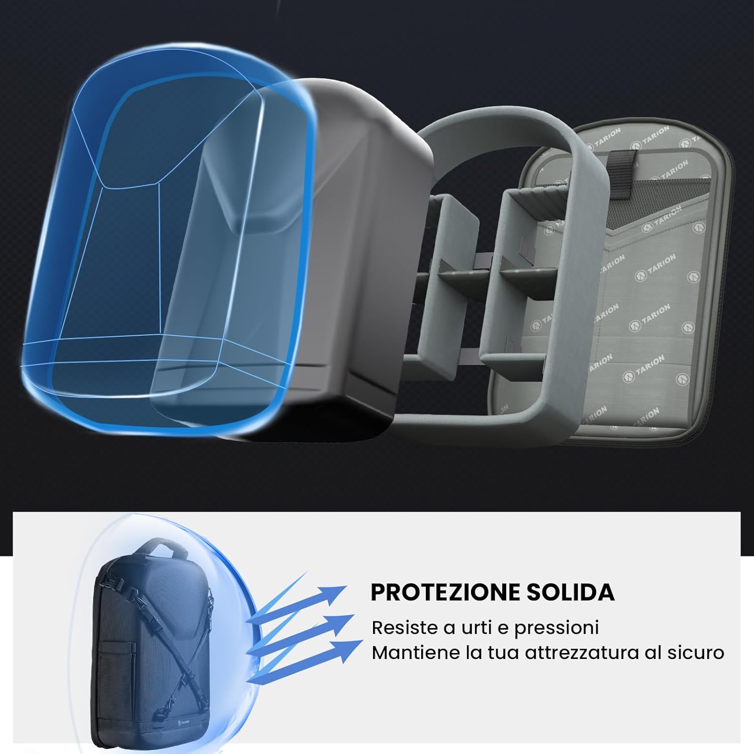 Detalle de TARION Zaino per fotocamera: custodia rigida, scomparto per laptop 15'' e protezione antipioggia