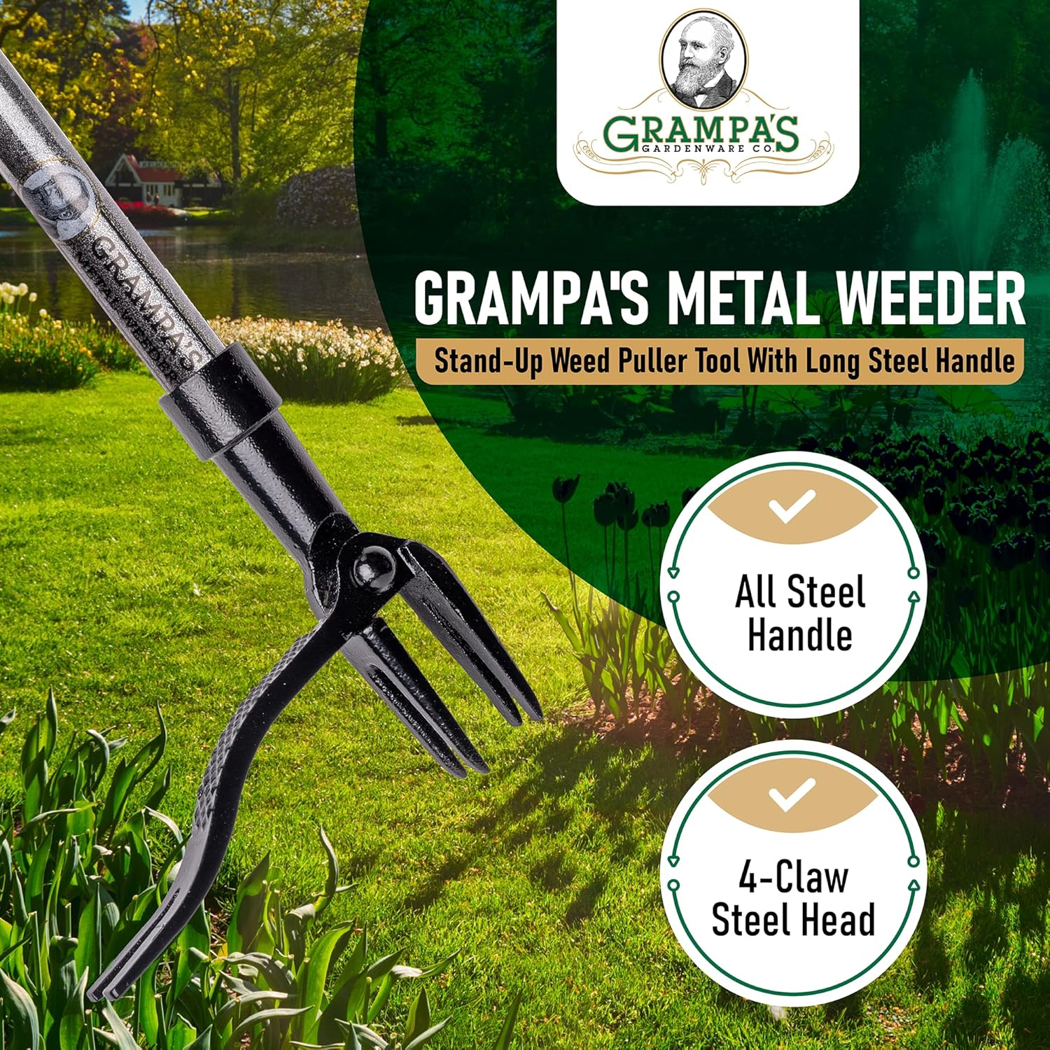 Detalle de Grampa's Weeder Grampa's Metal Weeder Stand-Up Weed Puller Tool (All-Steel, 45-inch handle, 4-claw head)