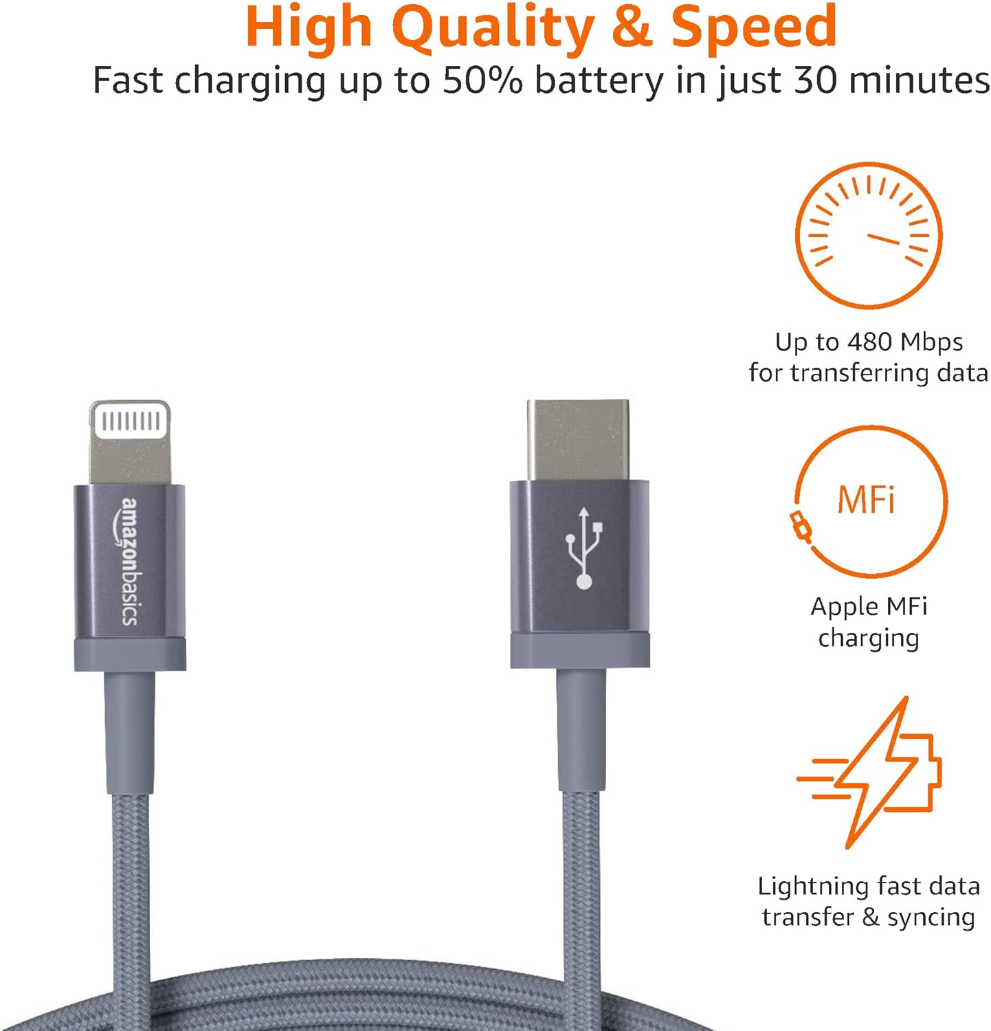 Thumbnail 1 de Amazon Basics Fast Charging USB-C to Lightning iPhone Charger Cable (MFi certified, nylon braided, 6 ft)