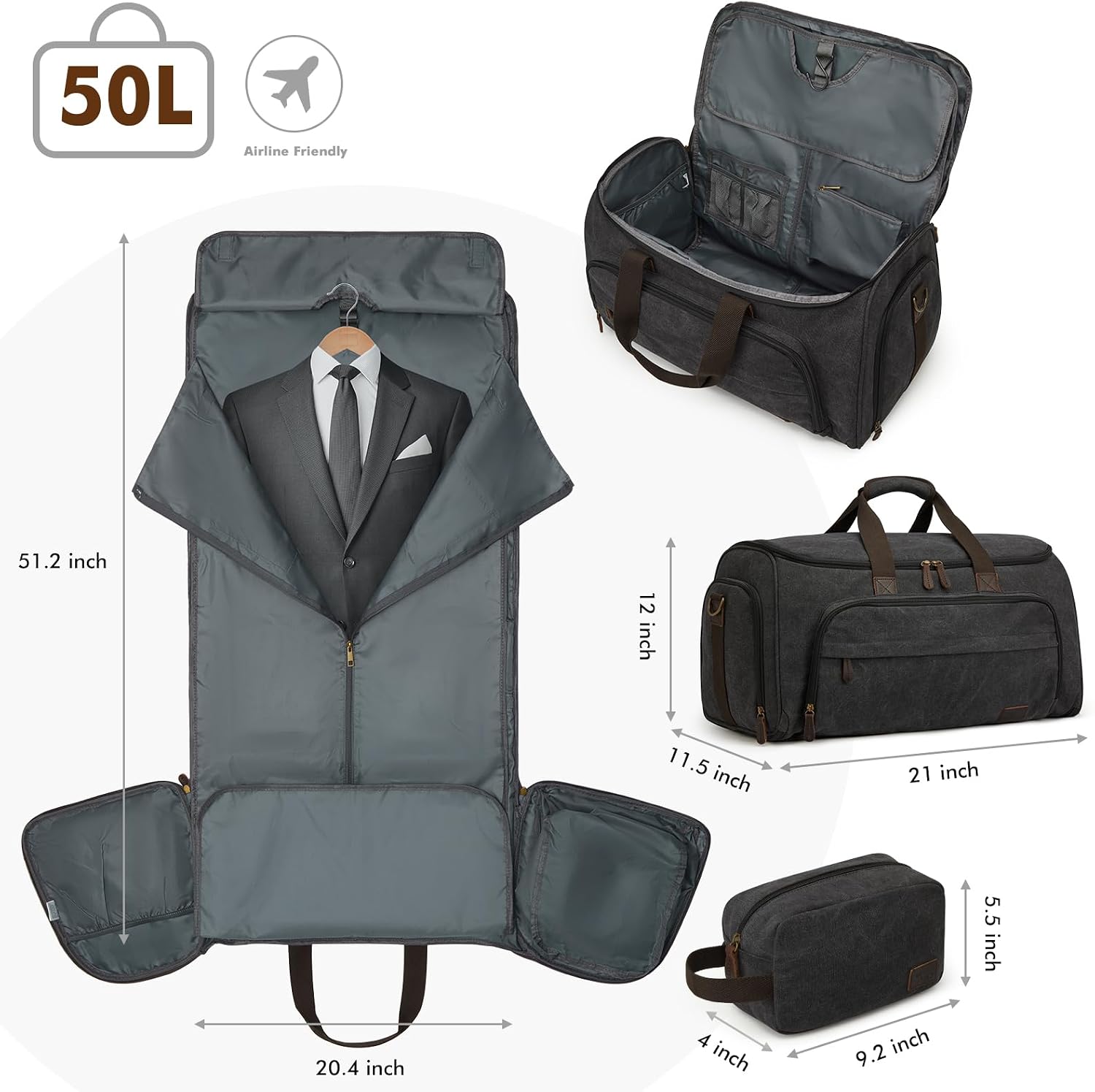Detalle de S-ZONE 60L 3 in 1 borsa per vestiti convertibile con astuccio da toilette