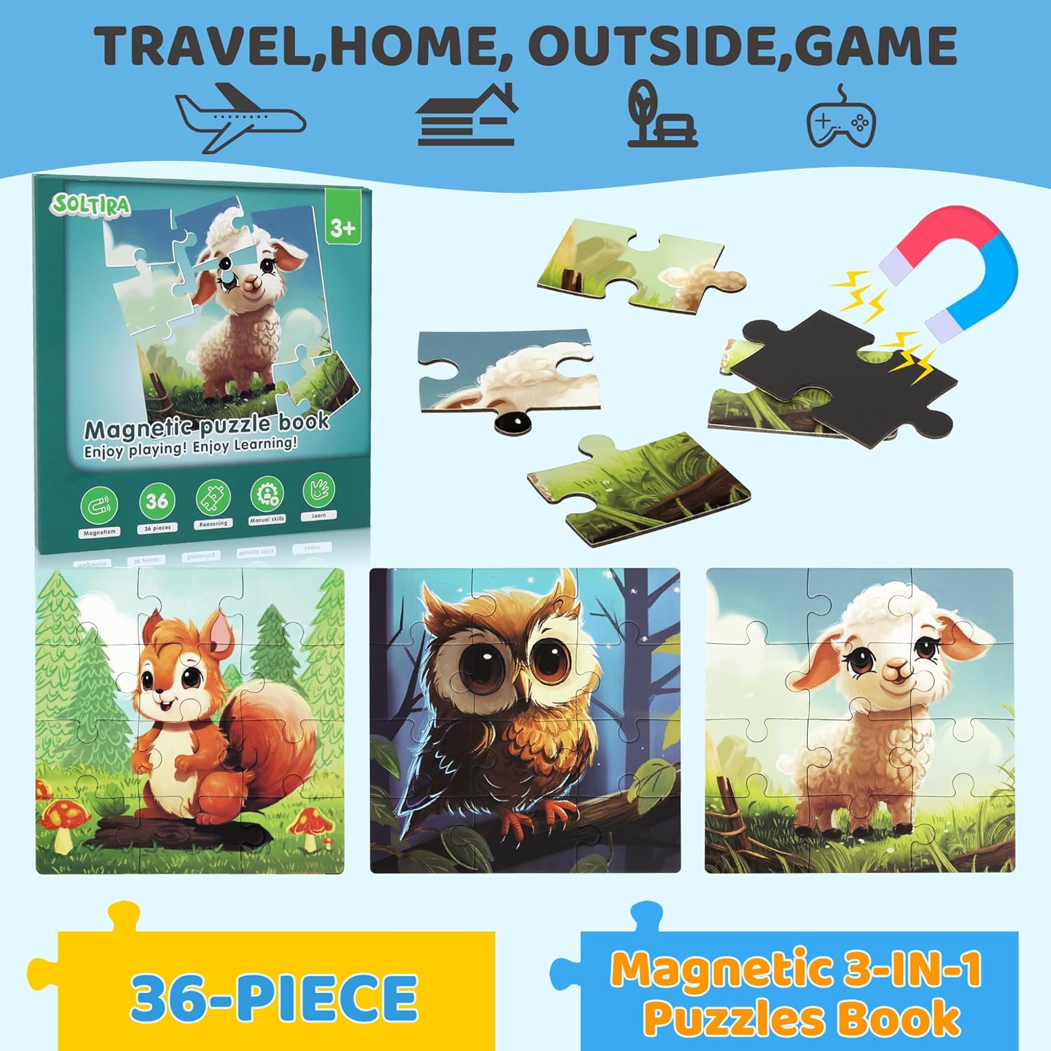 Thumbnail 1 de 3 Set Magnetic Puzzles for Kids (Ages 3–5) – Animal & Story Travel Jigsaw Set